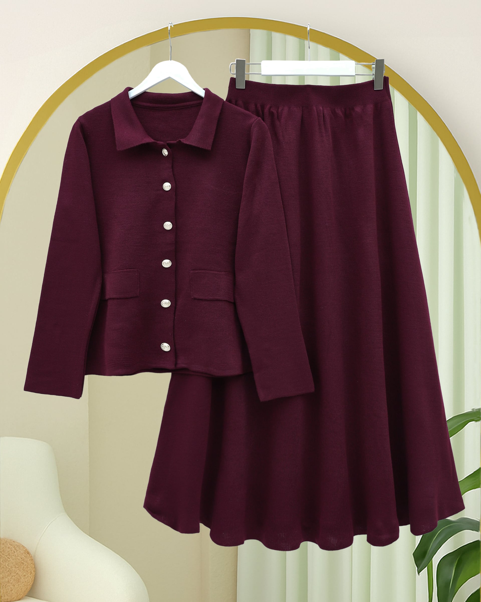 Front Button Skirted Collared Knit Set - Burgundy - Podyumplus - by Peralane - photo 2