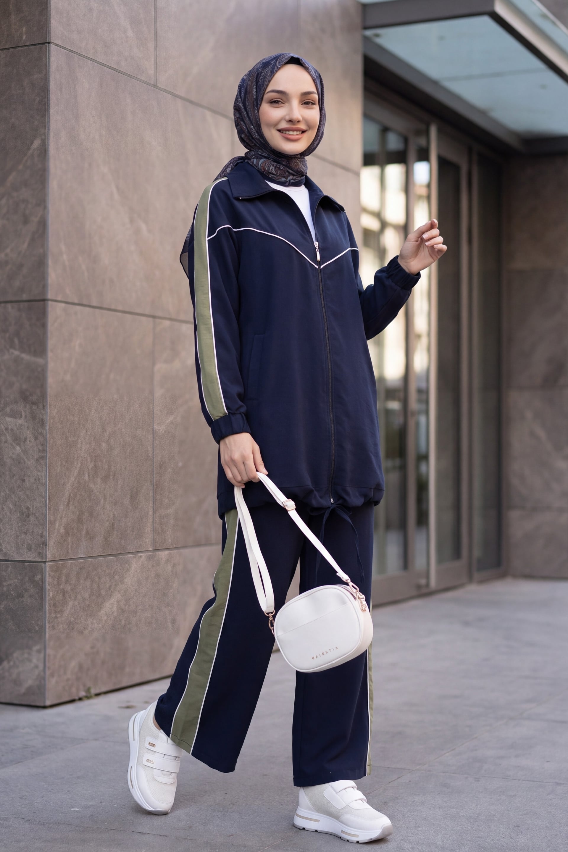 Navy Blue Zip-Up Tracksuit Set with Striped Skirt and Drawstring Trousers - Podyumplus - by Peralane - photo 5