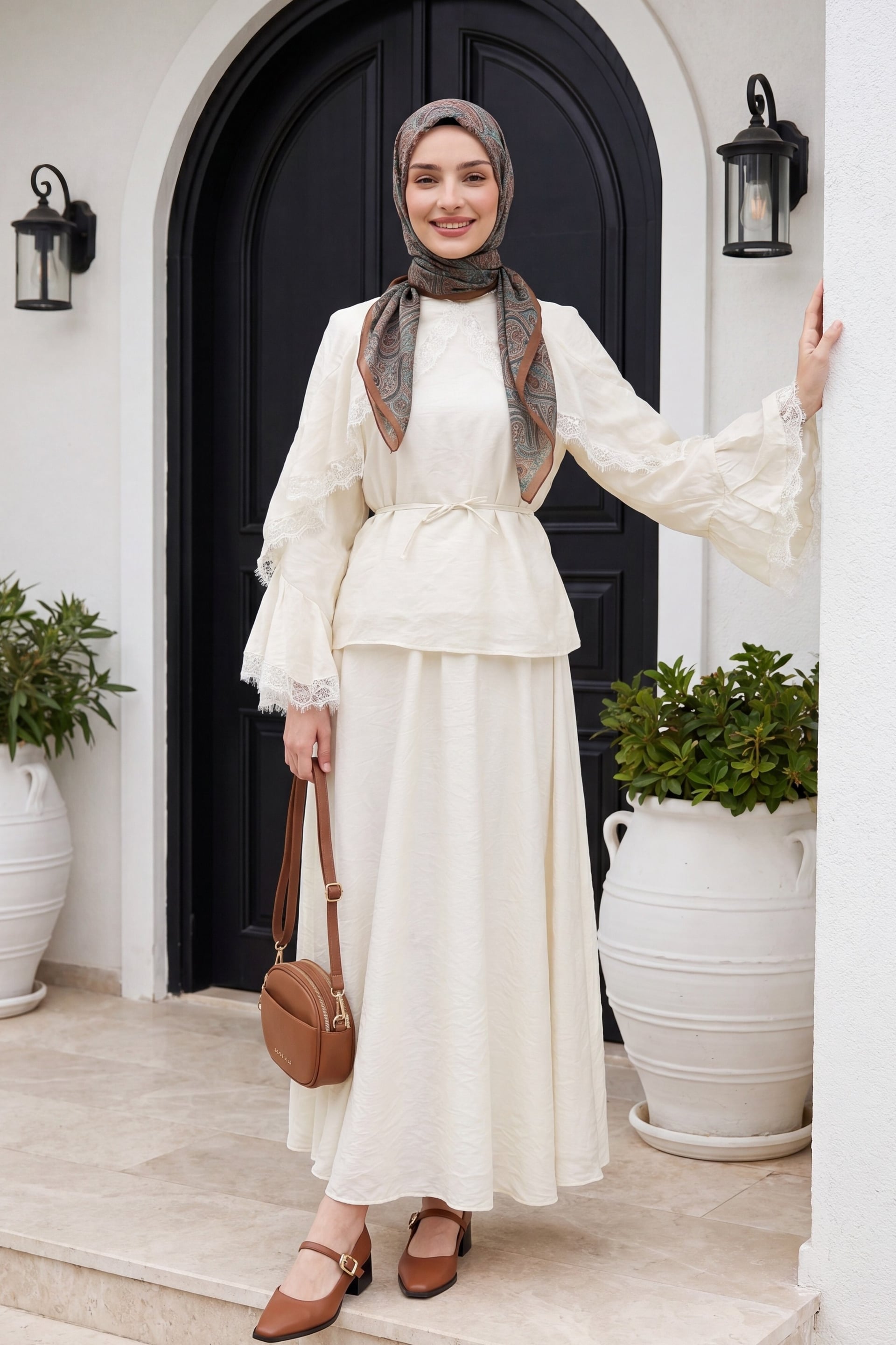 Lace Detail Spanish Sleeve Lined Belted Tulle Voile Skirt Set - Ecru - Podyumplus - by Peralane - photo 4