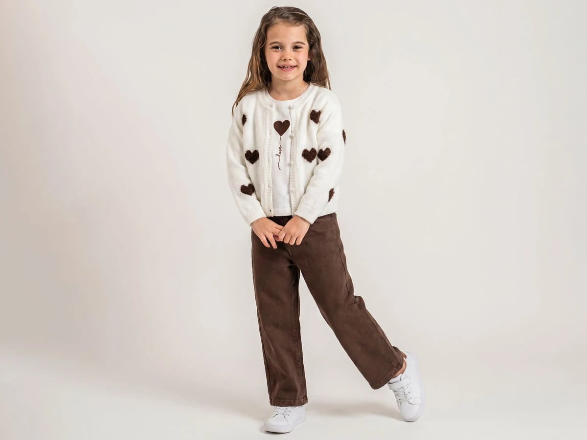 Girls' Knit Cardigan and T-shirt Set with Heart Pattern - Dark Brown - Pampal Kids - by Peralane