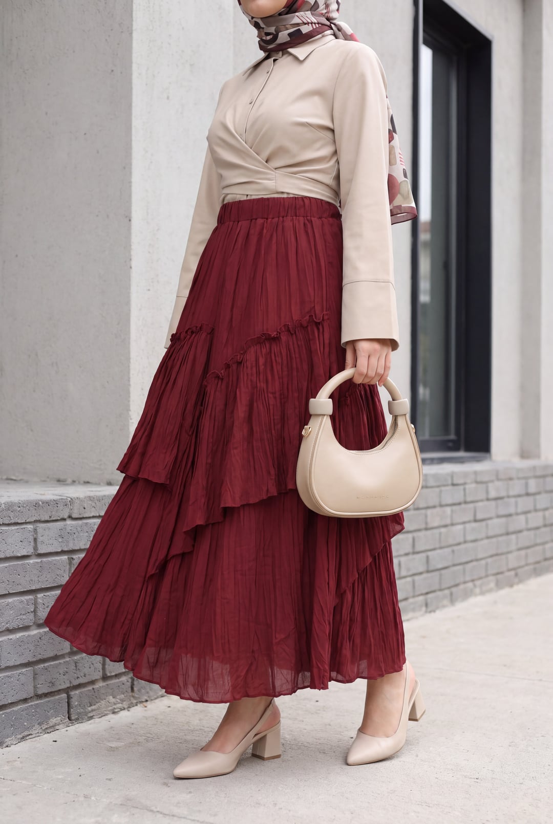Elasticated Waist Tiered Voile Skirt in Deep Red - Podyumplus - by Peralane