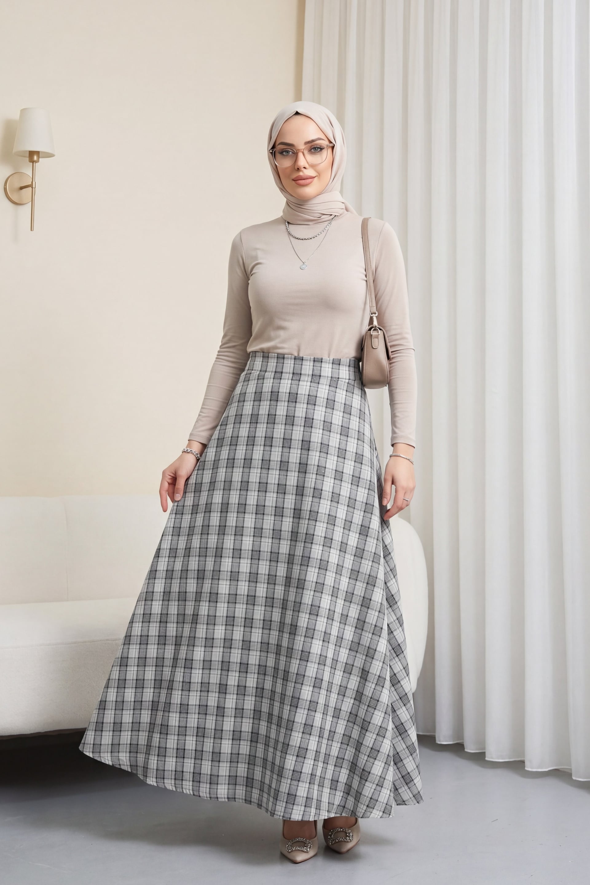Elastic Waist Plaid Polyviscose Skirt - Light Grey - Podyumplus - by Peralane - photo 3