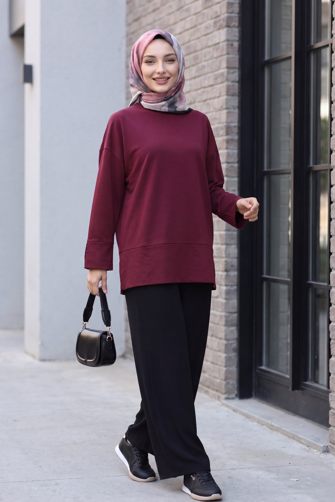 Burgundy Oversize Crew Neck Tunic with Side Slits - Podyumplus - by Peralane - photo 2