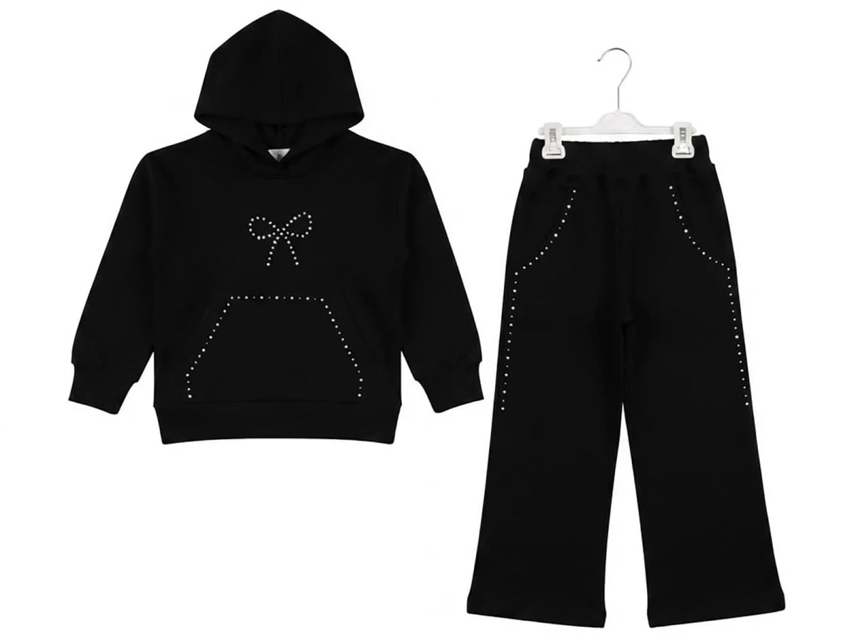 Girls' Black Hooded Tracksuit Set with Bow and Stud Details - CMK - by Peralane