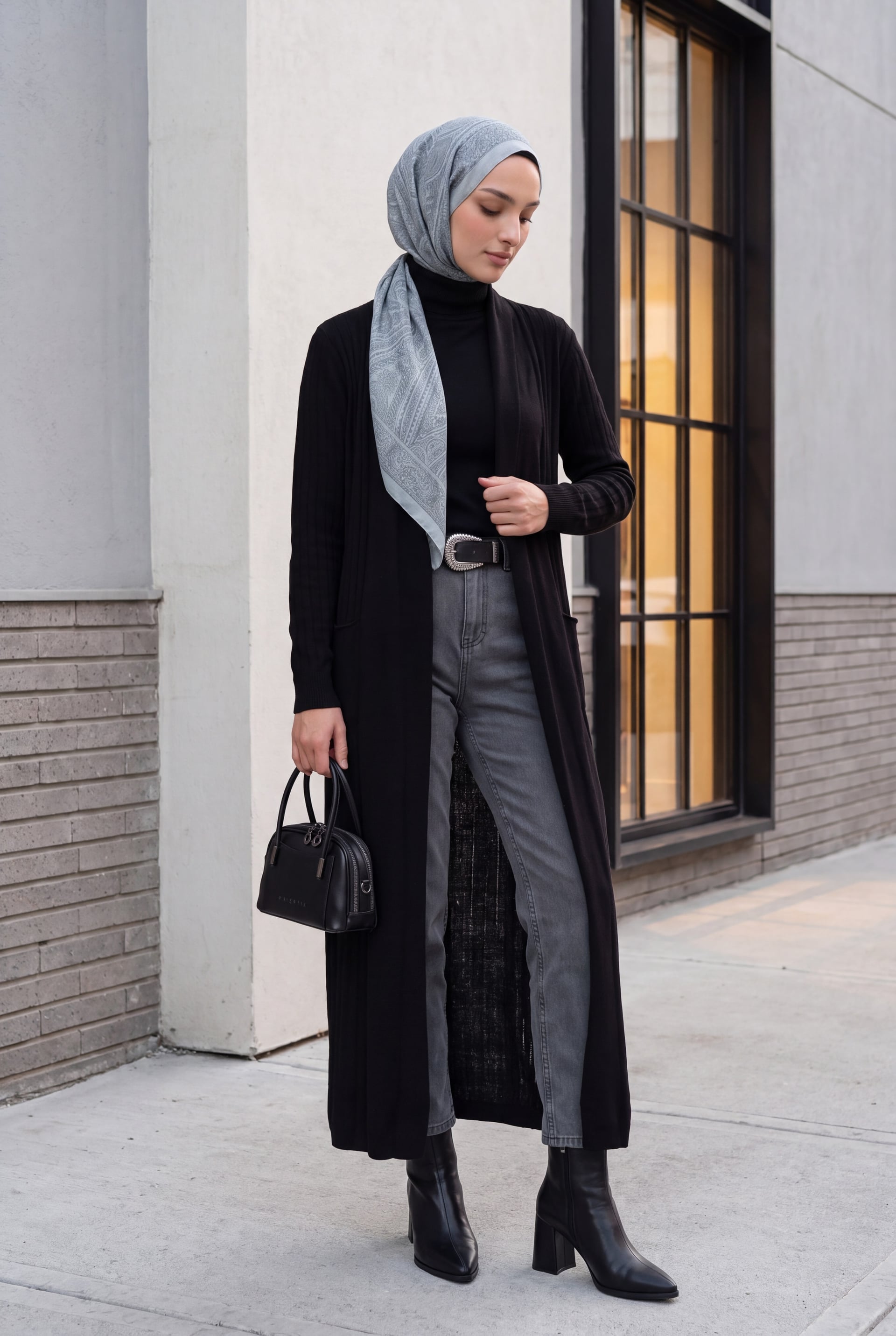 Long Ribbed Knit Cardigan with Belt - Black - Bigdart - by Peralane