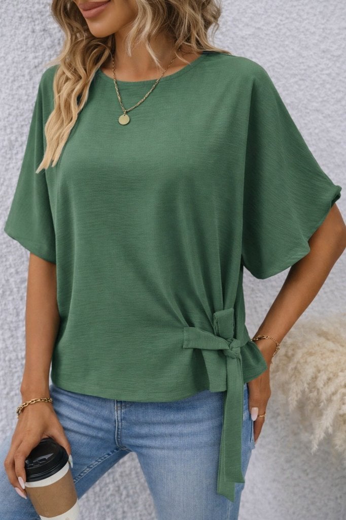Women's Short-Sleeve Round Neck Side-Tie Knit Blouse - Janes - by Peralane - photo 2