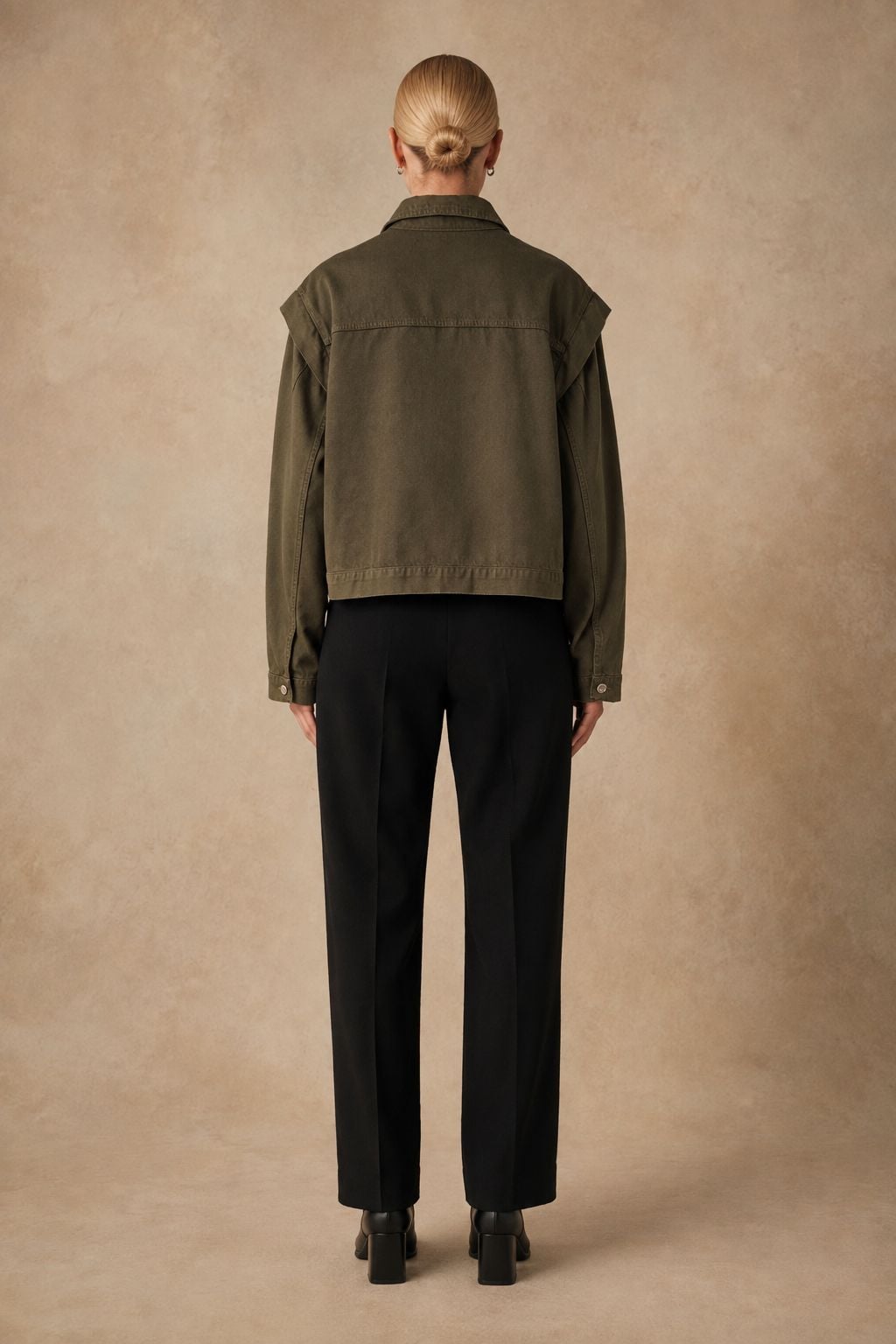 Women's Cropped Denim Jacket with Asymmetrical Zip - Olive Green - Xlove - by Peralane - photo 3
