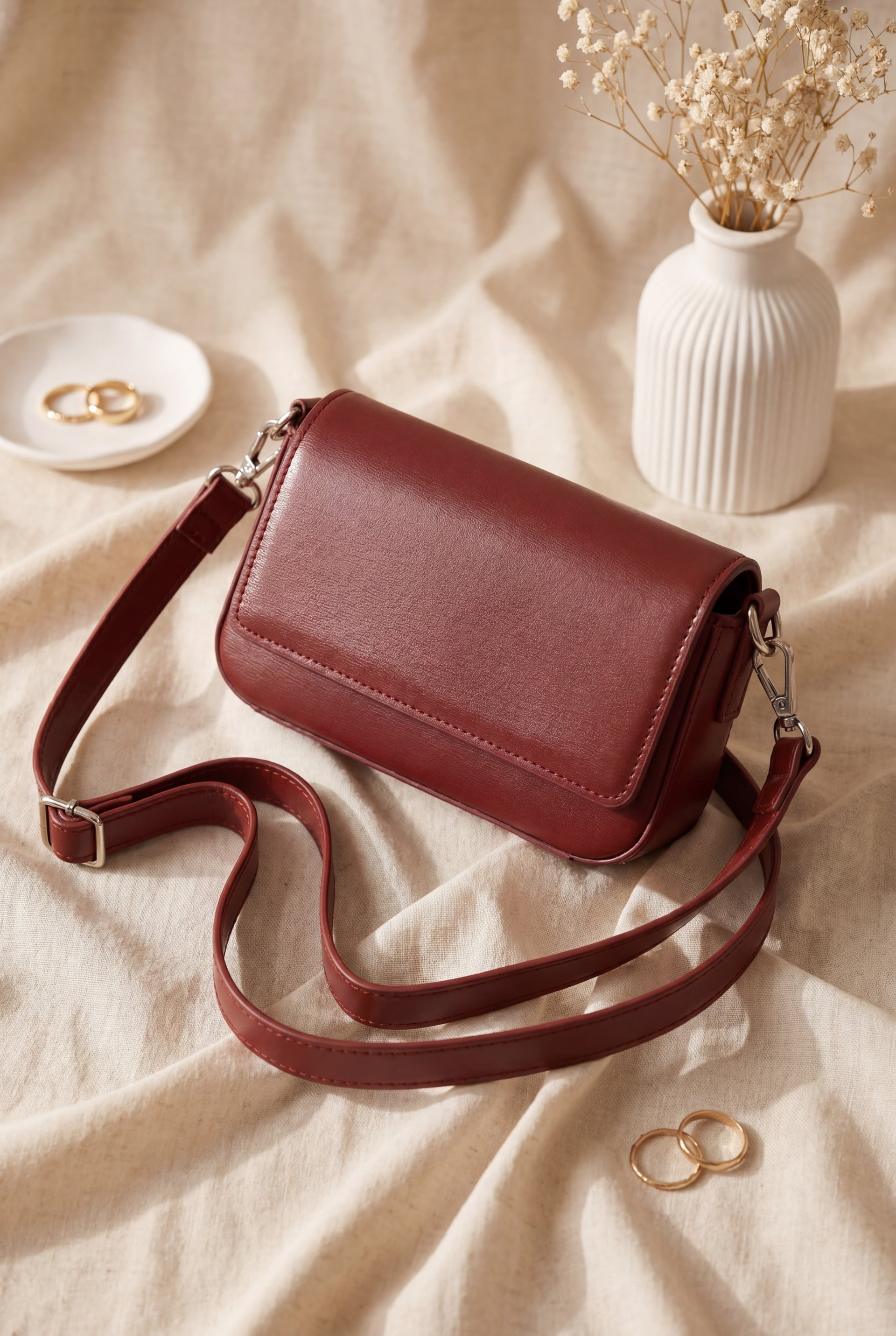 Minimalist Magnetic Flap Crossbody Bag - Burgundy - Podyumplus - by Peralane