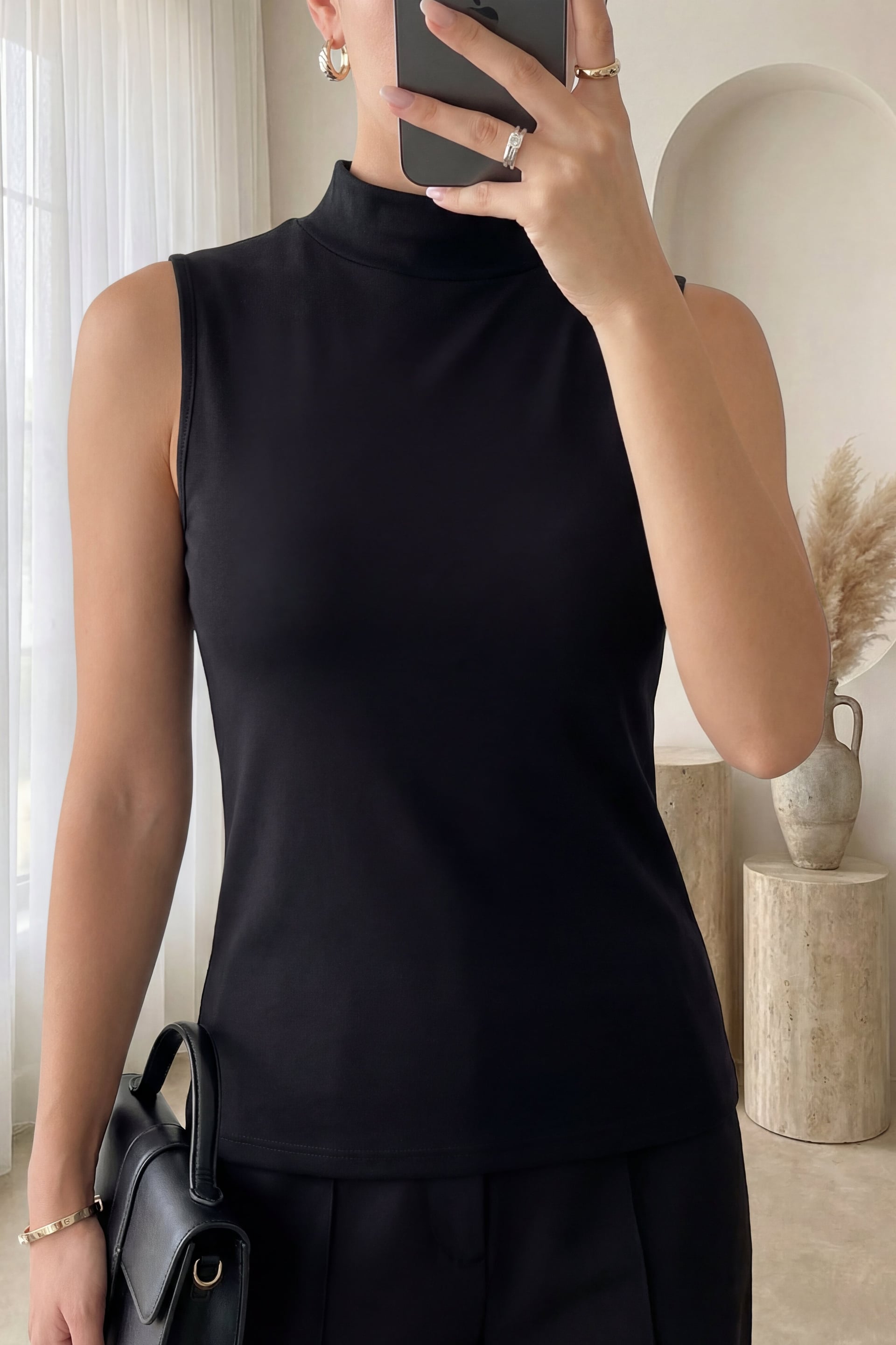 Black Mock Neck Sleeveless Knit Top - Podyumplus - by Peralane
