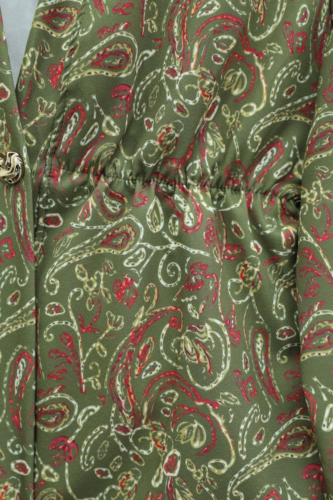 V-Neck Cinched Waist Single Button Patterned Modest Jacket and Skirt Set - Olive Green - Podyumplus - by Peralane - photo 6