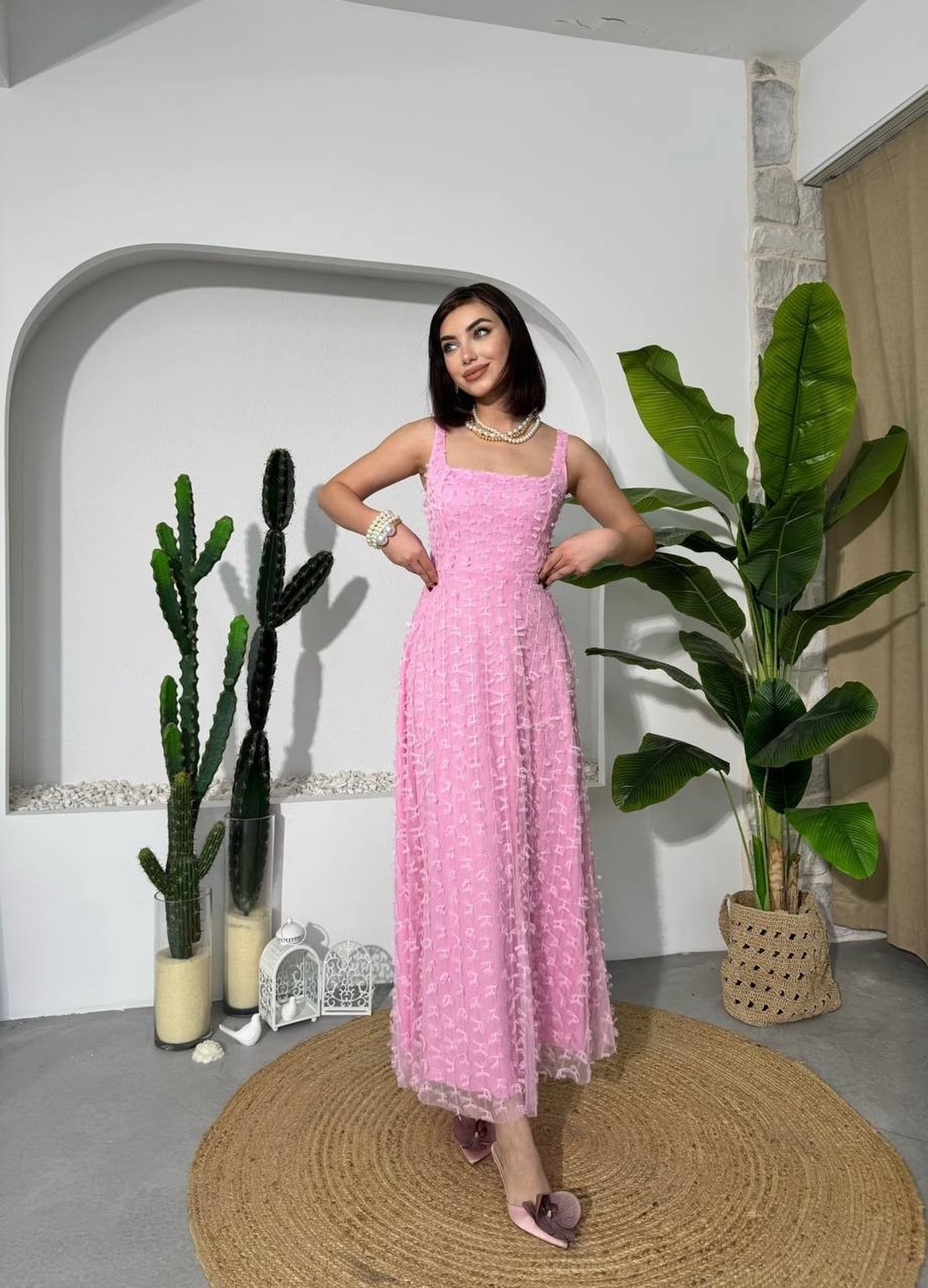 Pink Sleeveless Midi Dress with Bow Pattern - Etika - by Peralane - photo 5