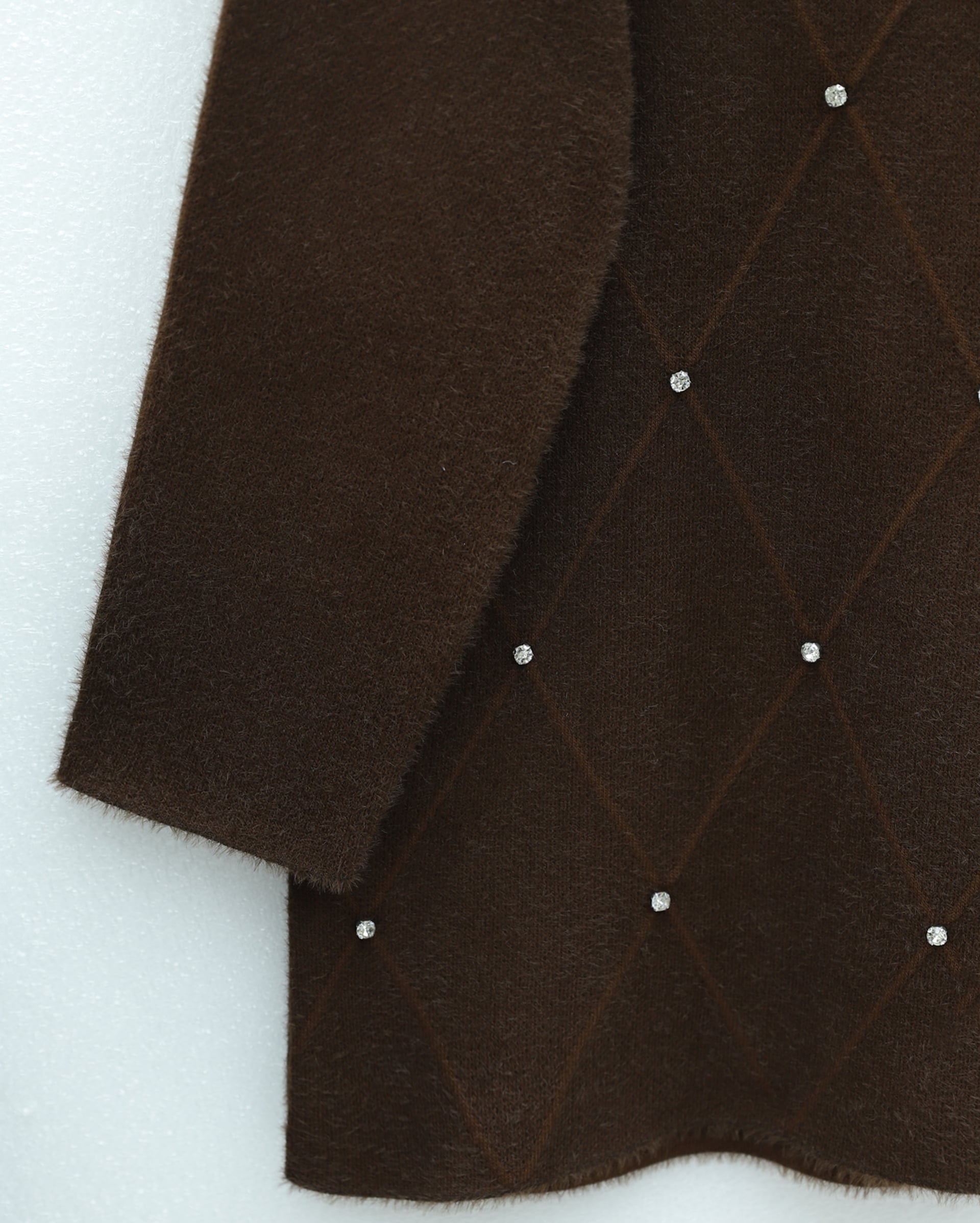 Stone Detail Diamond Pattern Fringed Knit Tunic - Brown - Podyumplus - by Peralane - photo 3