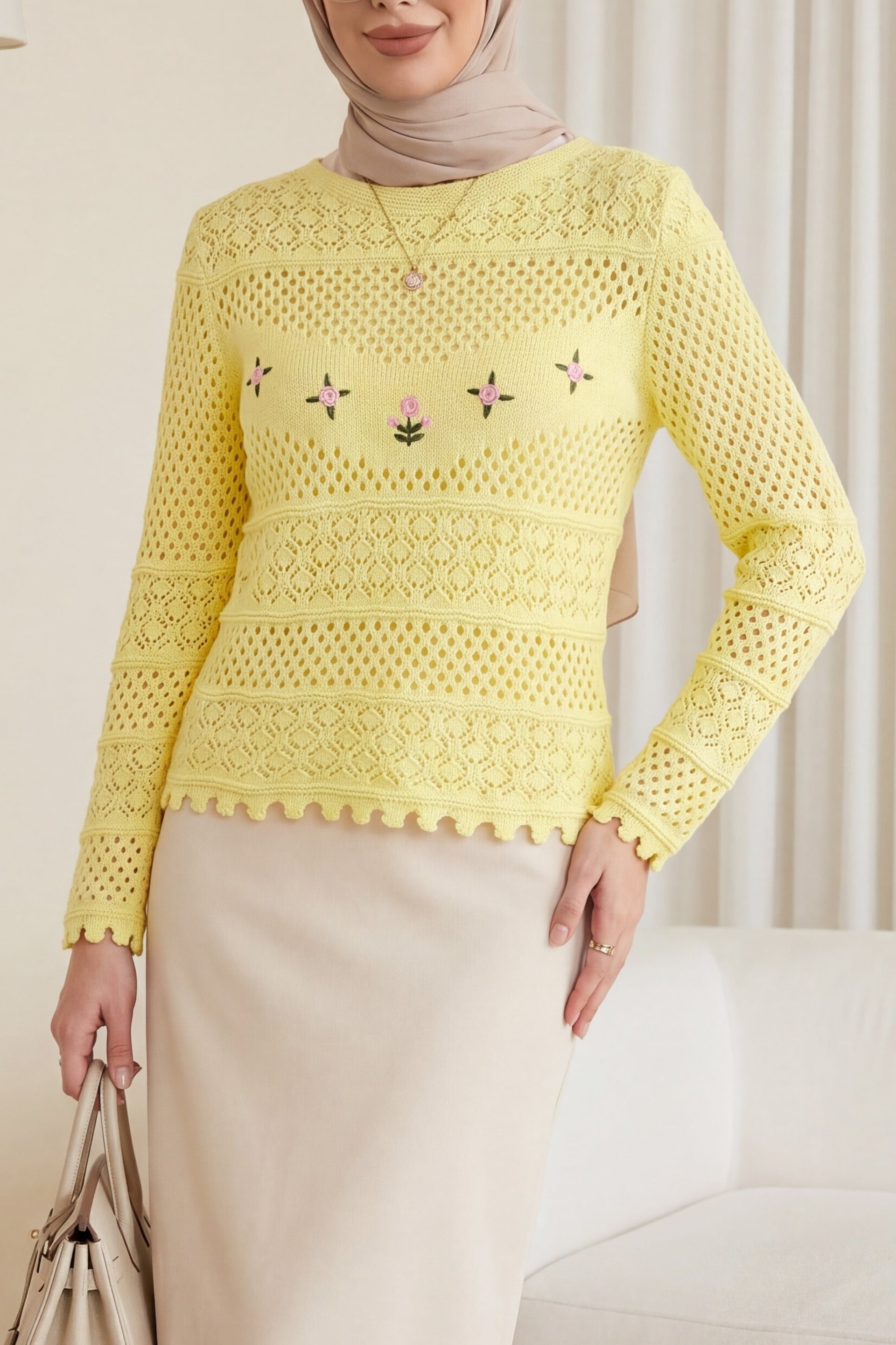 Yellow Knit Sweater with Floral Embroidery and Openwork Pattern - Podyumplus - by Peralane