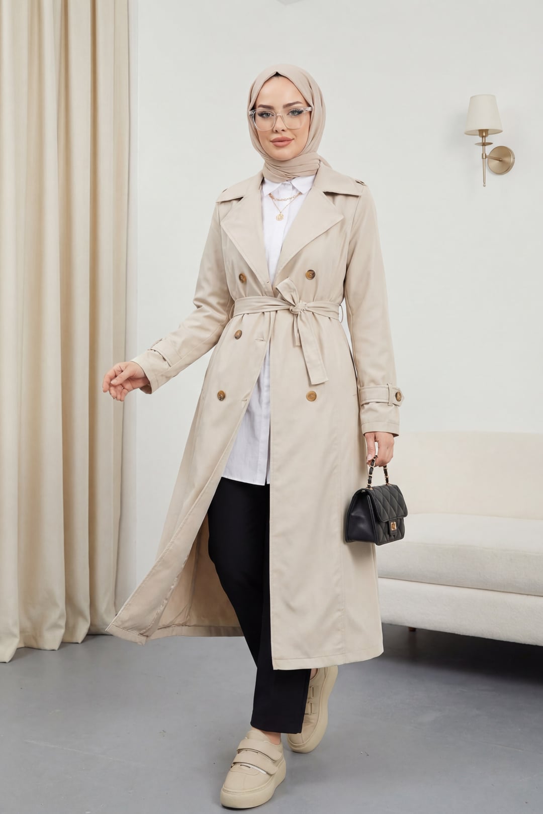 Lined Belted Trench Coat - Stone - Podyumplus - by Peralane