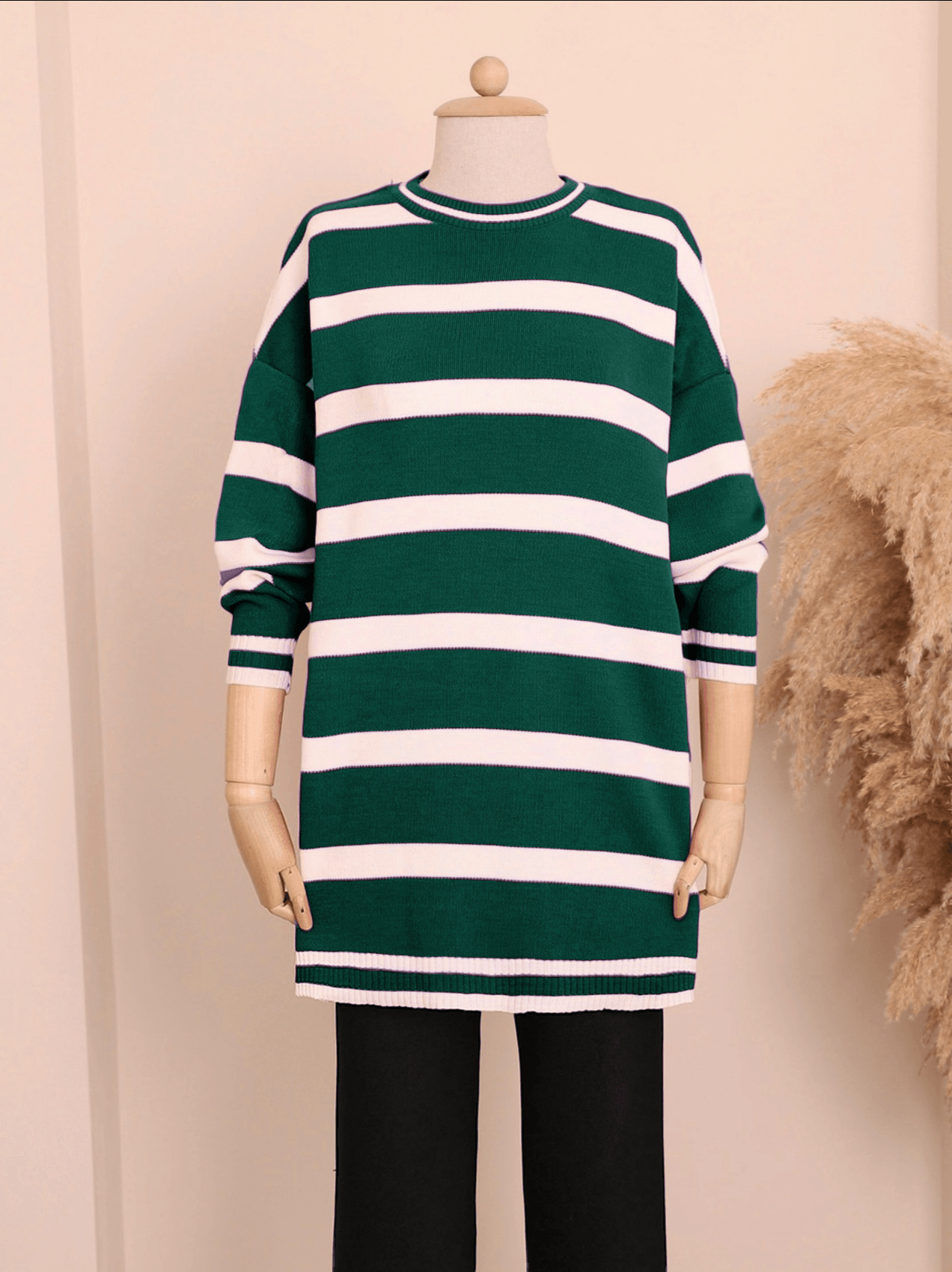 Striped Winter Modest Knit Tunic - Dark Green - Podyumplus - by Peralane - photo 4
