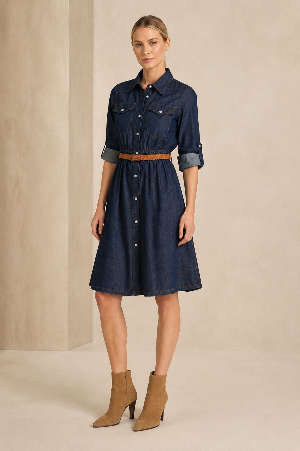 Burgu Detail Short Denim Shirt Dress with Belt - Navy - Xlove - by Peralane - photo 2