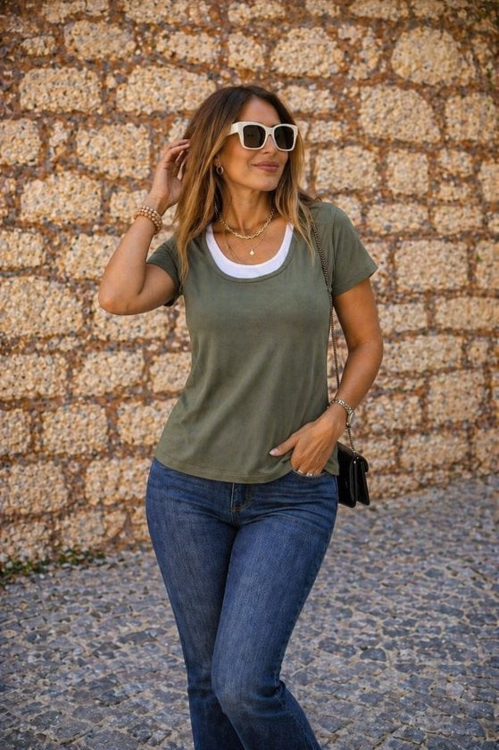 Women's Short-Sleeve Round Neck Two-Tone Viscose Blouse - Janes - by Peralane - photo 3