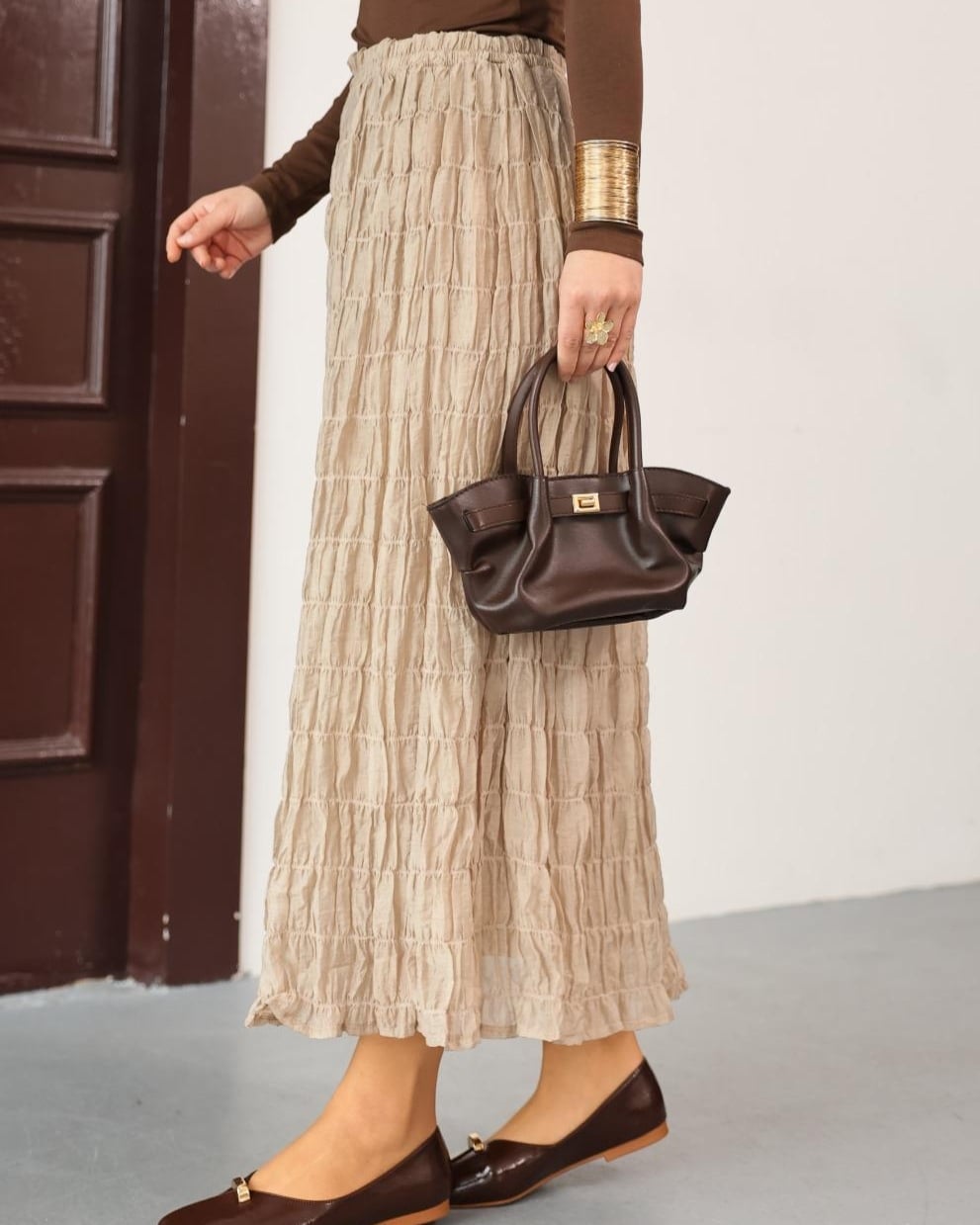 Lined Gathered Modal Maxi Skirt - Beige - Podyumplus - by Peralane - photo 5