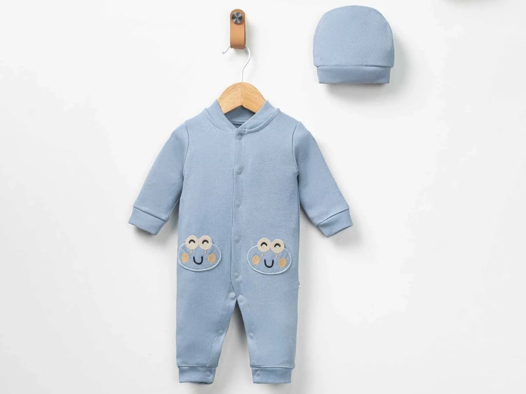 Frog Print Baby Romper and Hat Set - Light Blue - Pookie - by Peralane