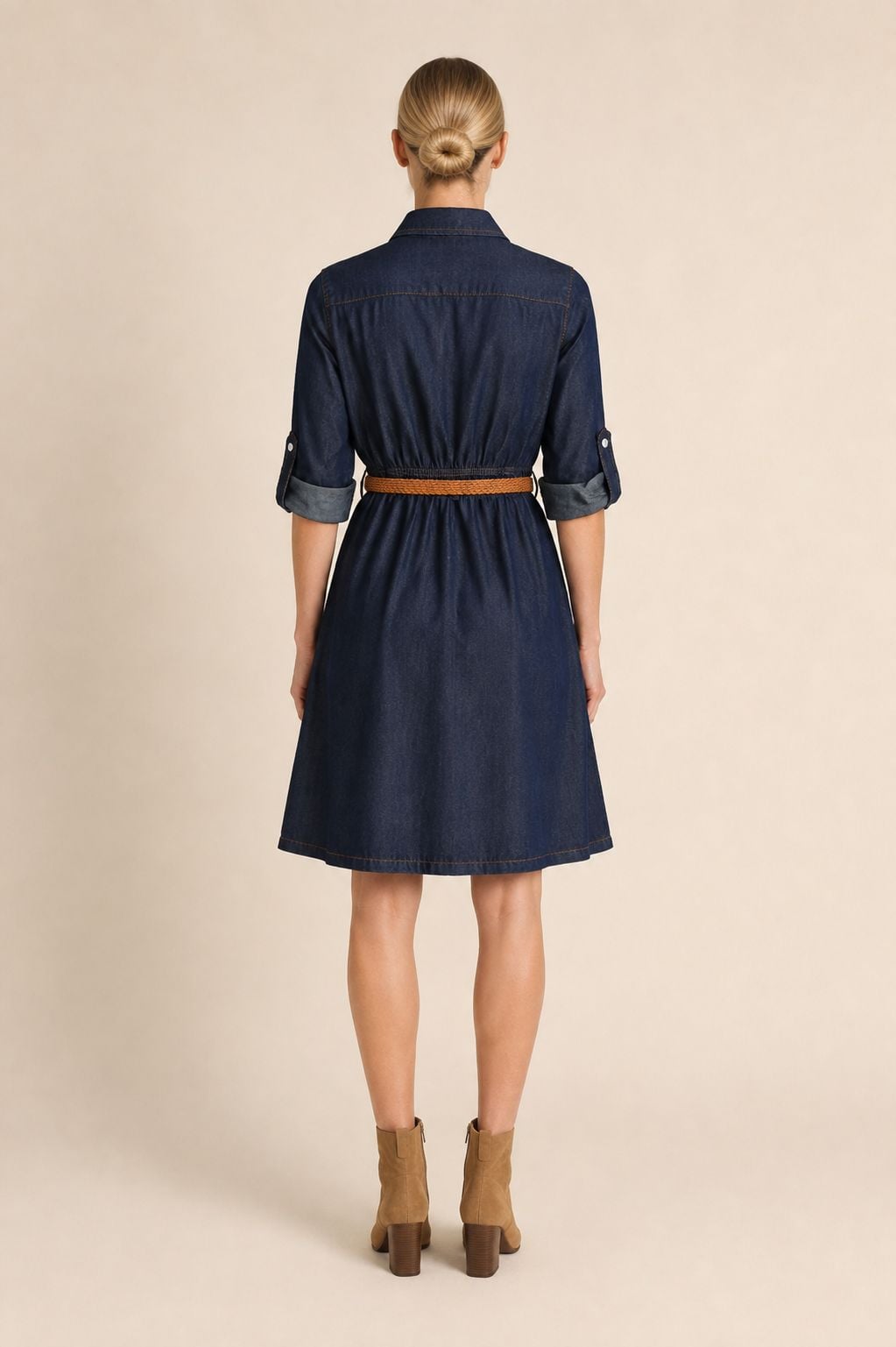 Burgu Detail Short Denim Shirt Dress with Belt - Navy - Xlove - by Peralane - photo 4