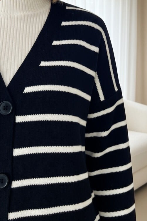 Striped Button-Up V-Neck Knit Cardigan - Navy - Podyumplus - by Peralane - photo 3
