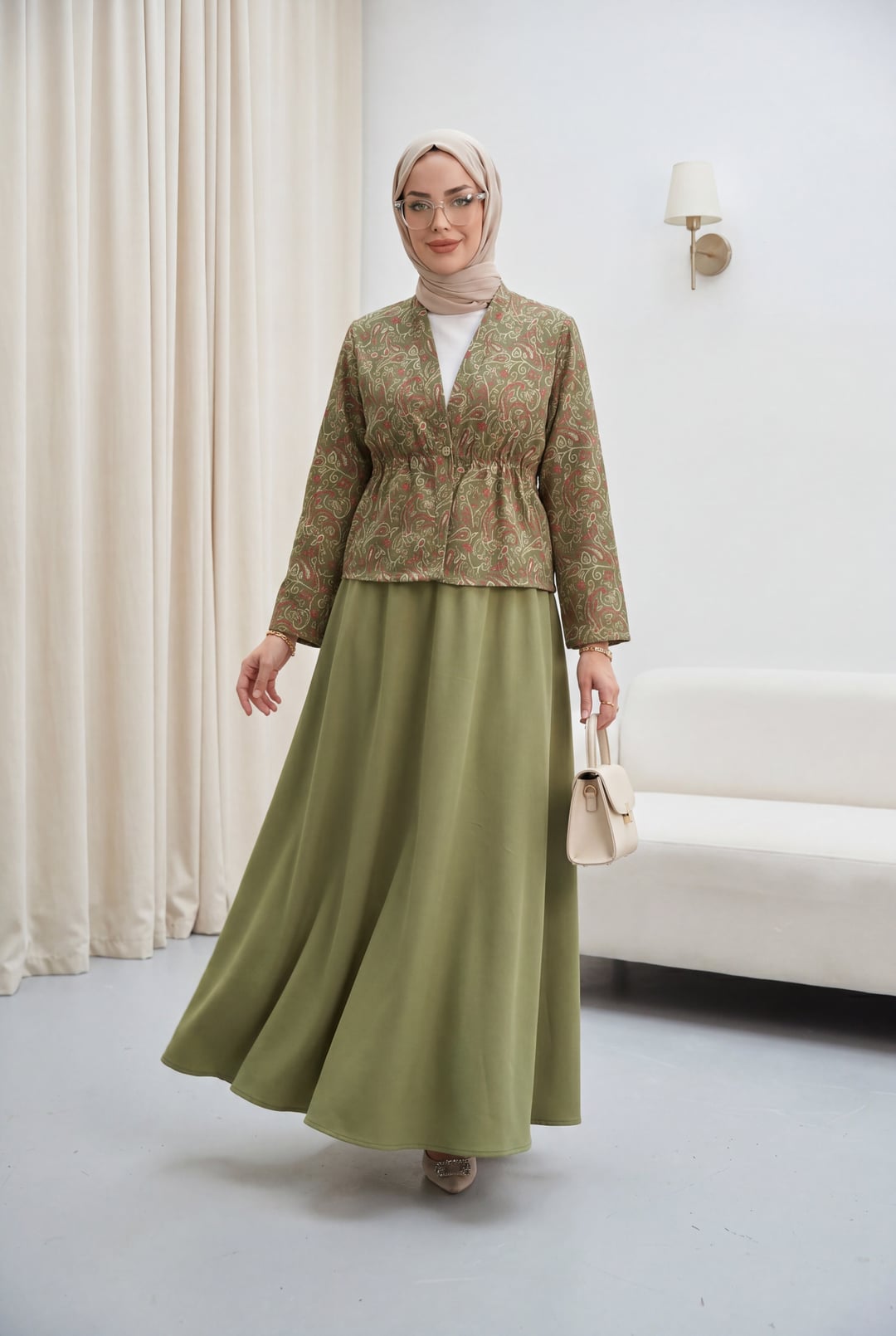 V-Neck Cinched Waist Single Button Patterned Modest Jacket and Skirt Set - Olive Green - Podyumplus - by Peralane