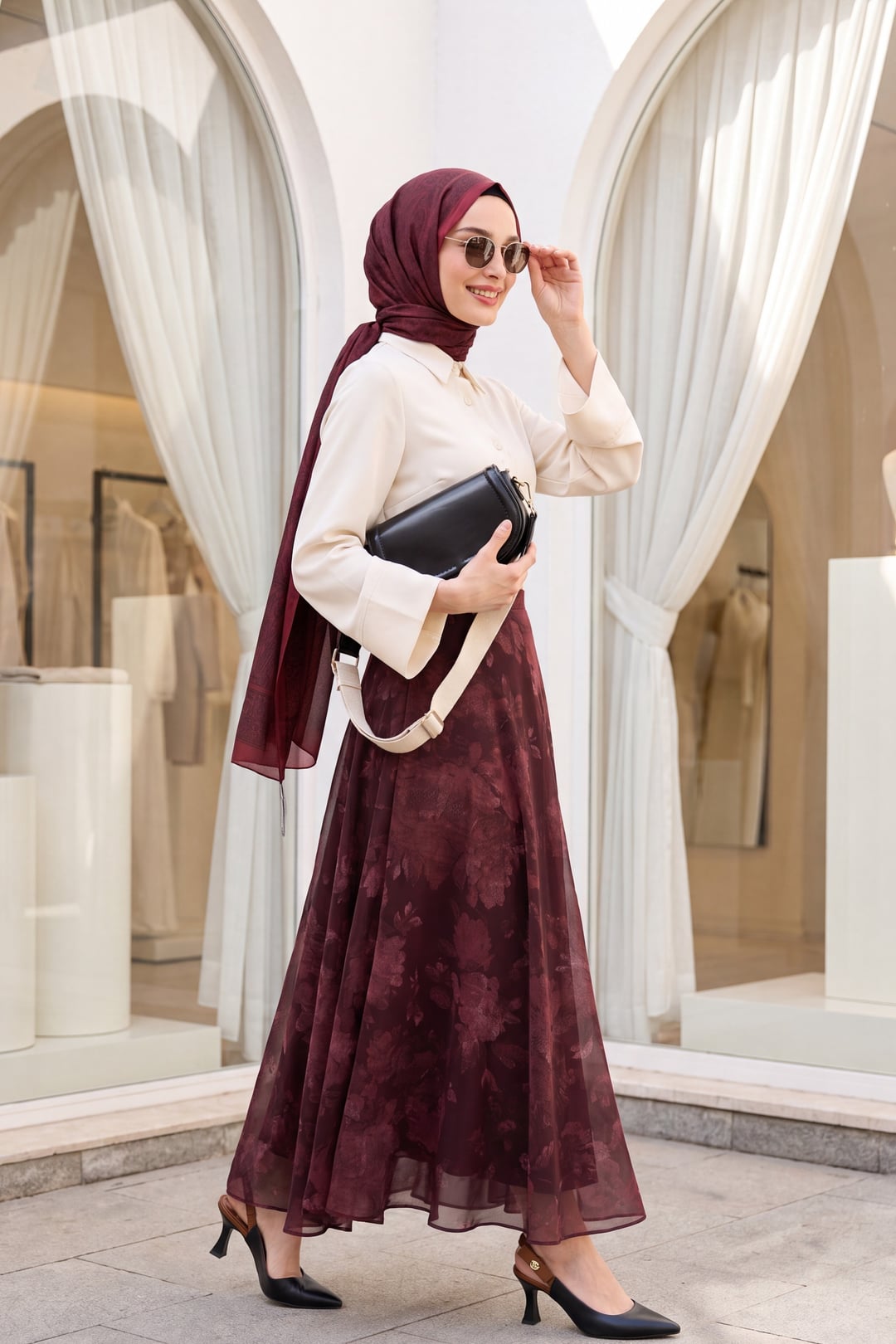 Side-Zip Patterned Lined Chiffon Skirt - Burgundy - Podyumplus - by Peralane - photo 2