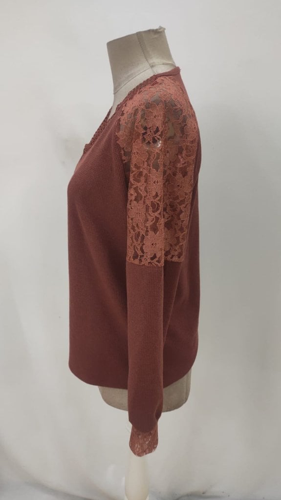 Women's Long Sleeve V-Neck Lace-Trimmed Waffle Blouse - Janes - by Peralane - photo 6