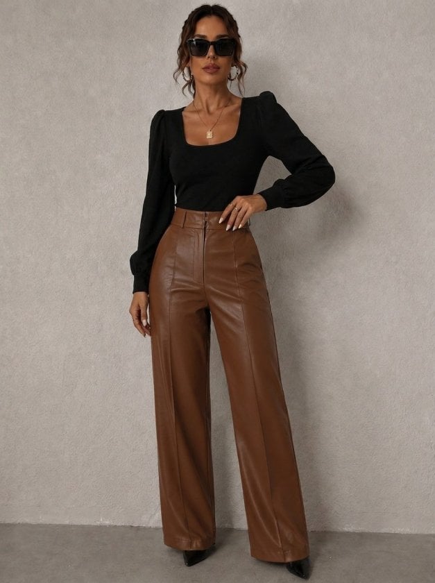 Women's High-Waist Faux Leather Wide-Leg Trousers with Pockets - Janes - by Peralane - photo 3