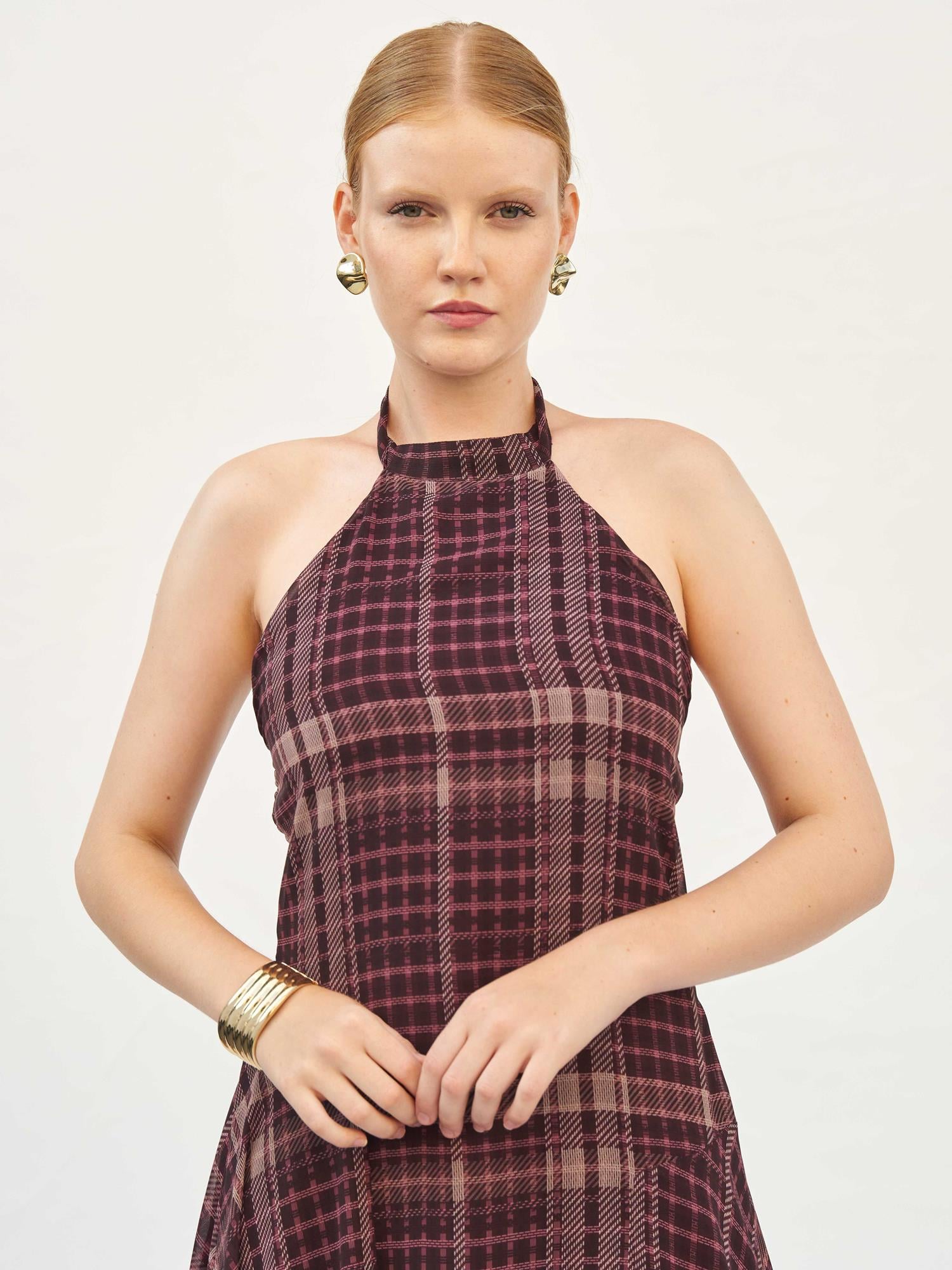 111808 Burgundy and Beige Plaid Maxi Dress with Lace Trim - Lefon - by Peralane - photo 9