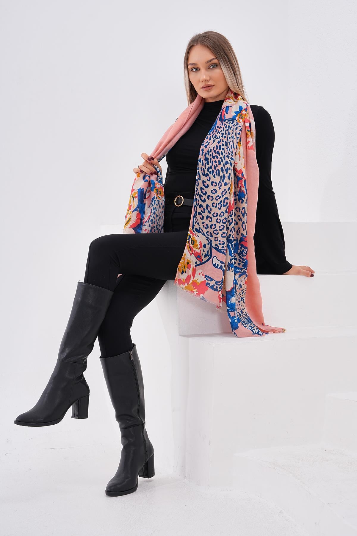 Floral Print Powder Pink Scarf with Leopard Accent - Nesvay - by Peralane - photo 5