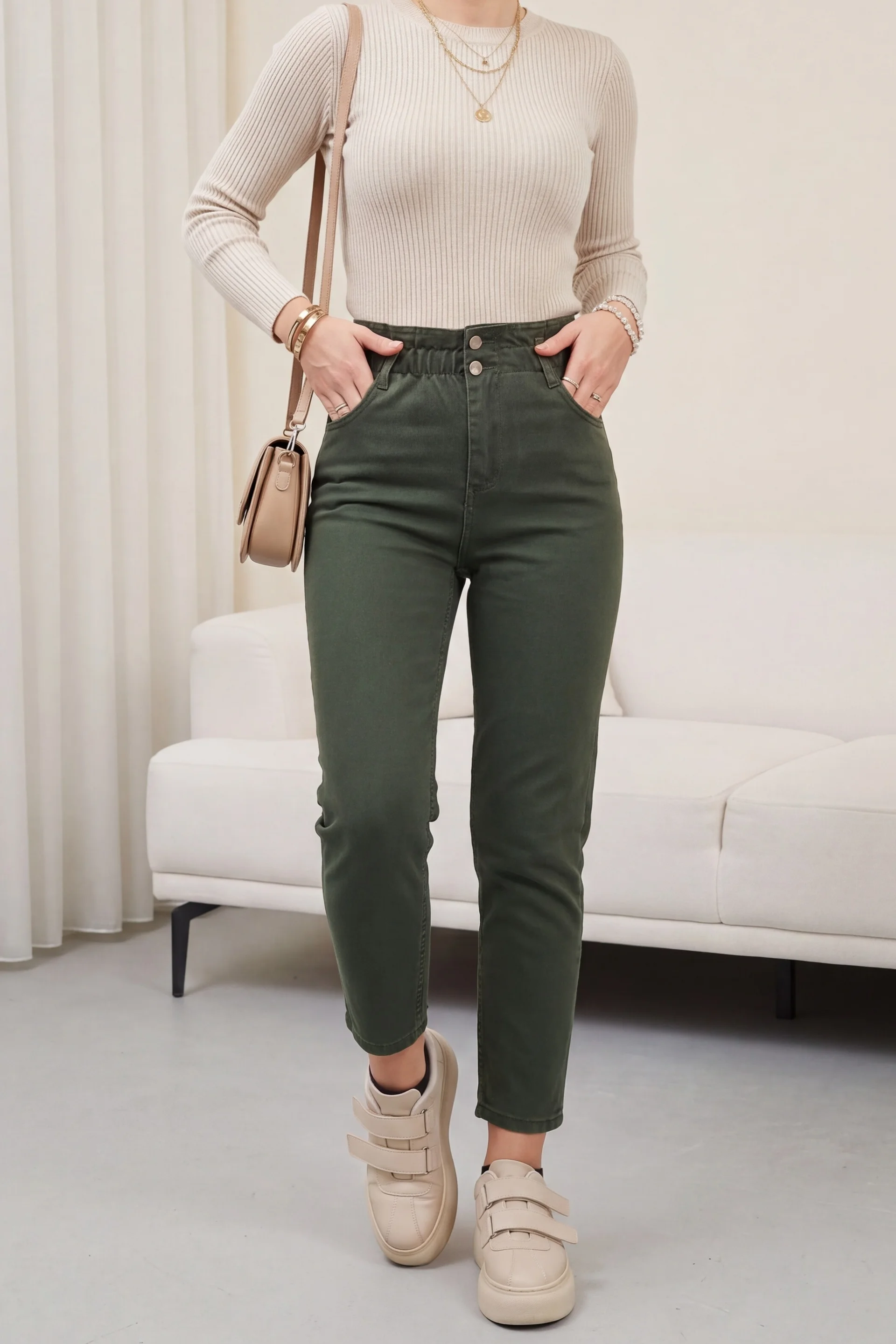 High-Rise Elasticated Waist Jeans - Khaki - Podyumplus - by Peralane