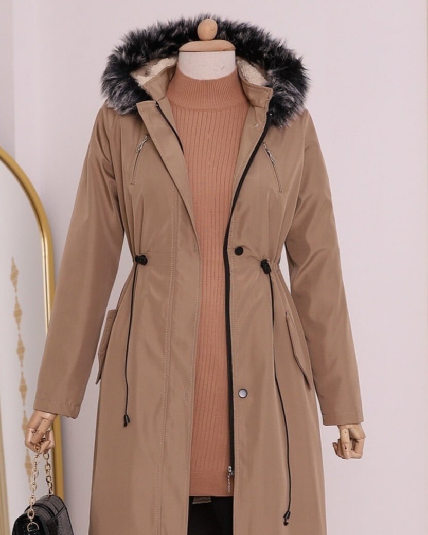 Women's Zip-Up Faux Fur Hooded Long Coat - Light Beige - Podyumplus - by Peralane - photo 5