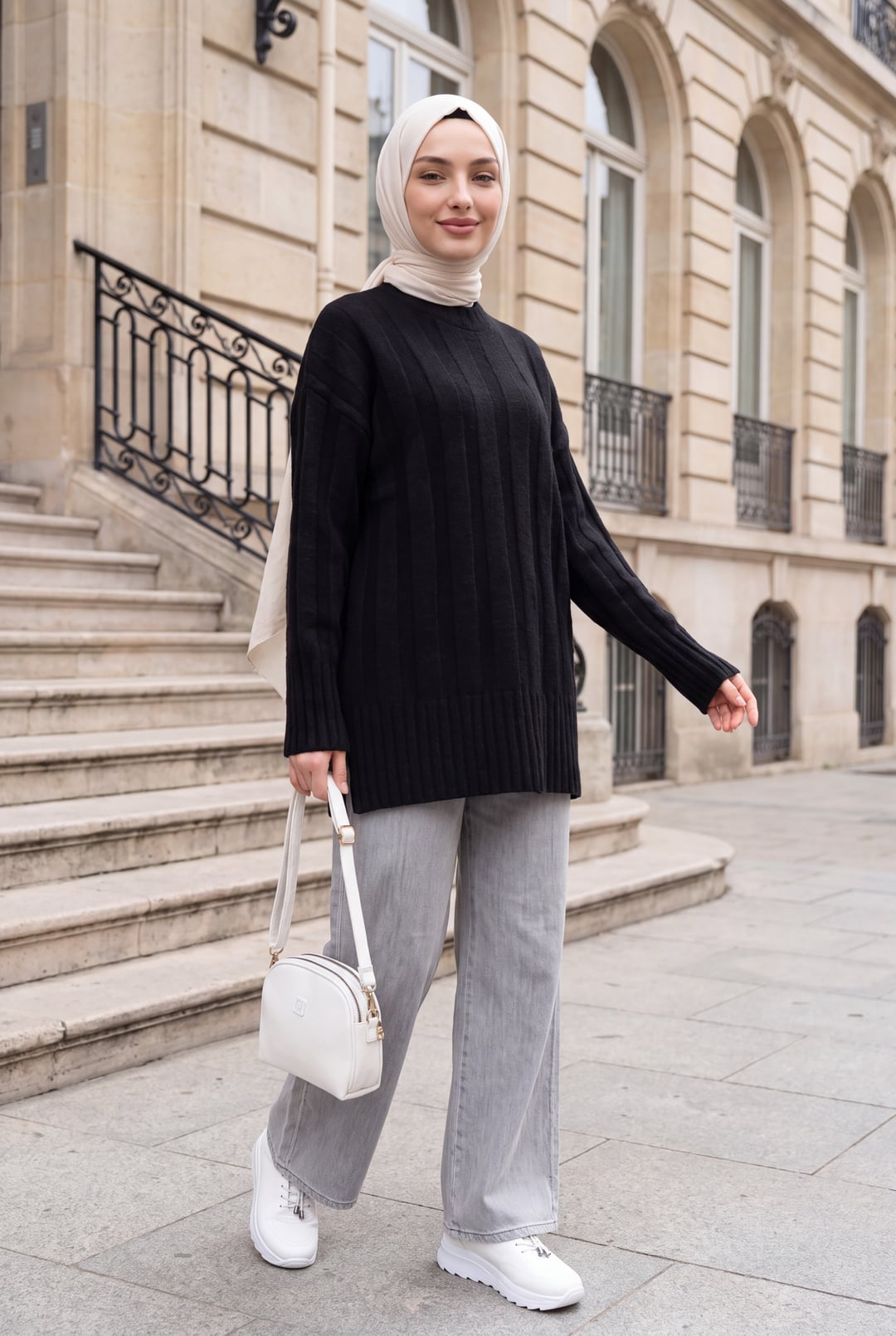 Half-Collar Striped Knit Sweater - Black - Podyumplus - by Peralane - photo 2