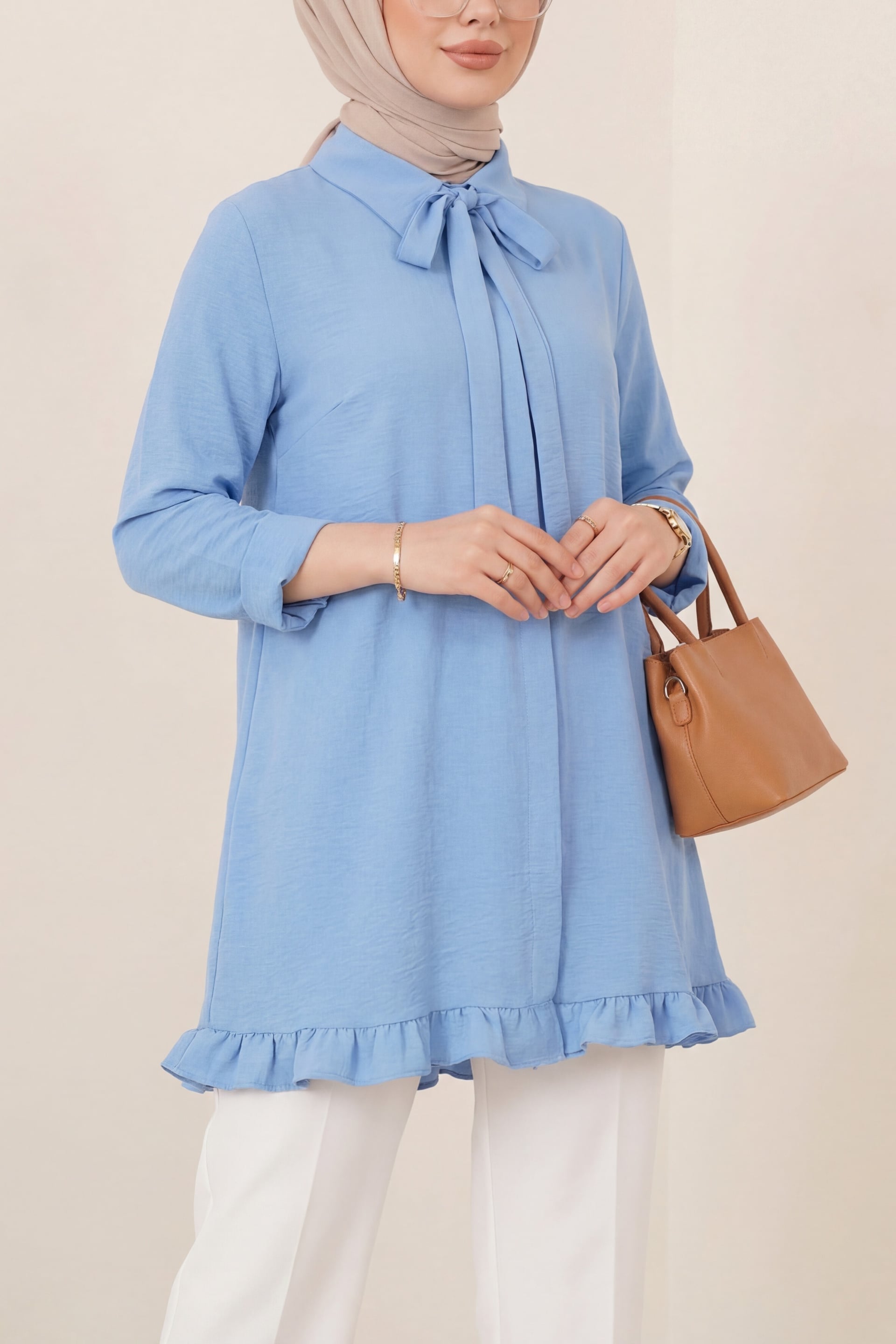 Ruffle Hem Tie Belt Hidden Button Modal Tunic - Baby Blue - Podyumplus - by Peralane - photo 3