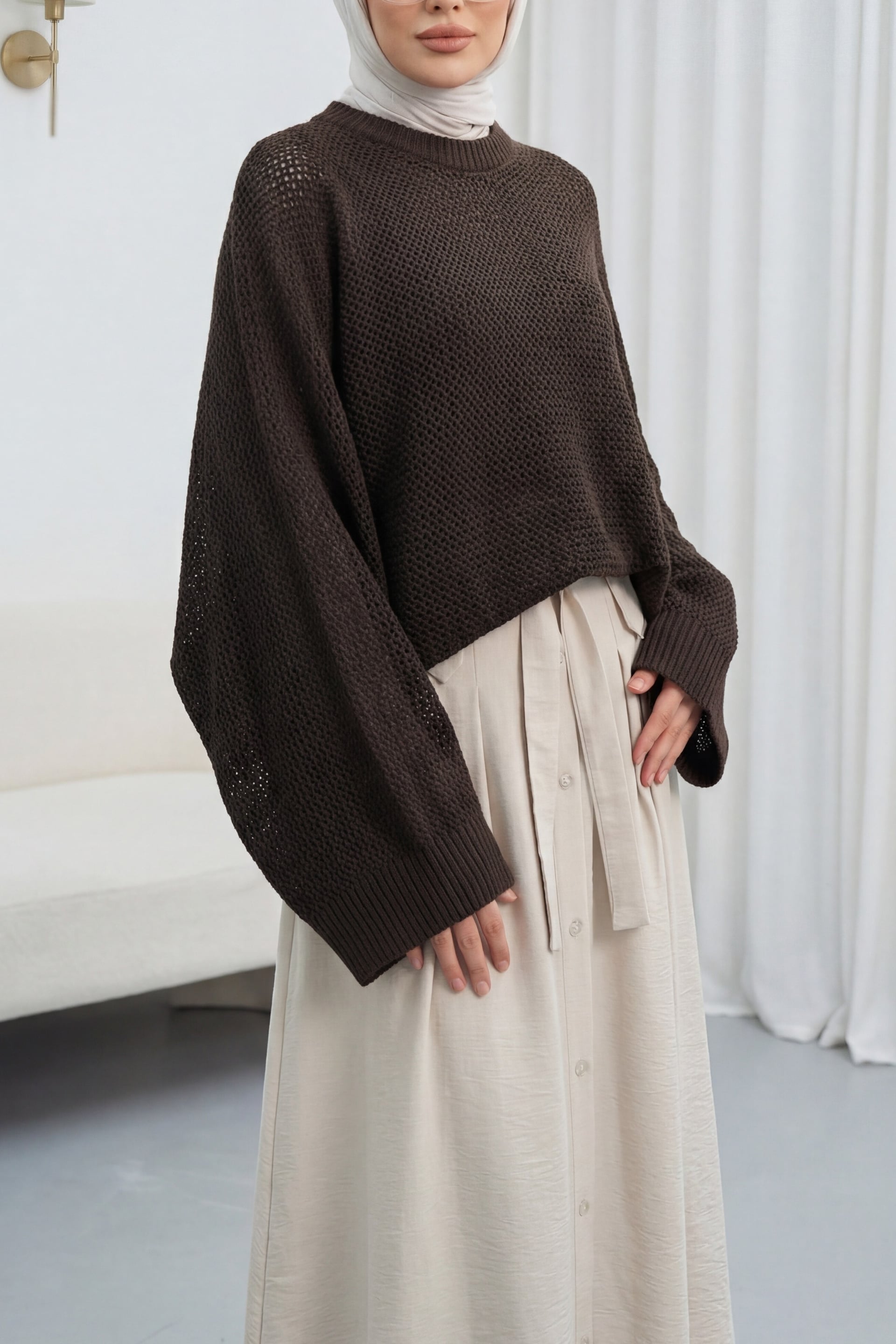 Batwing Sleeve Open-Weave Knit Sweater - Dark Brown - Podyumplus - by Peralane