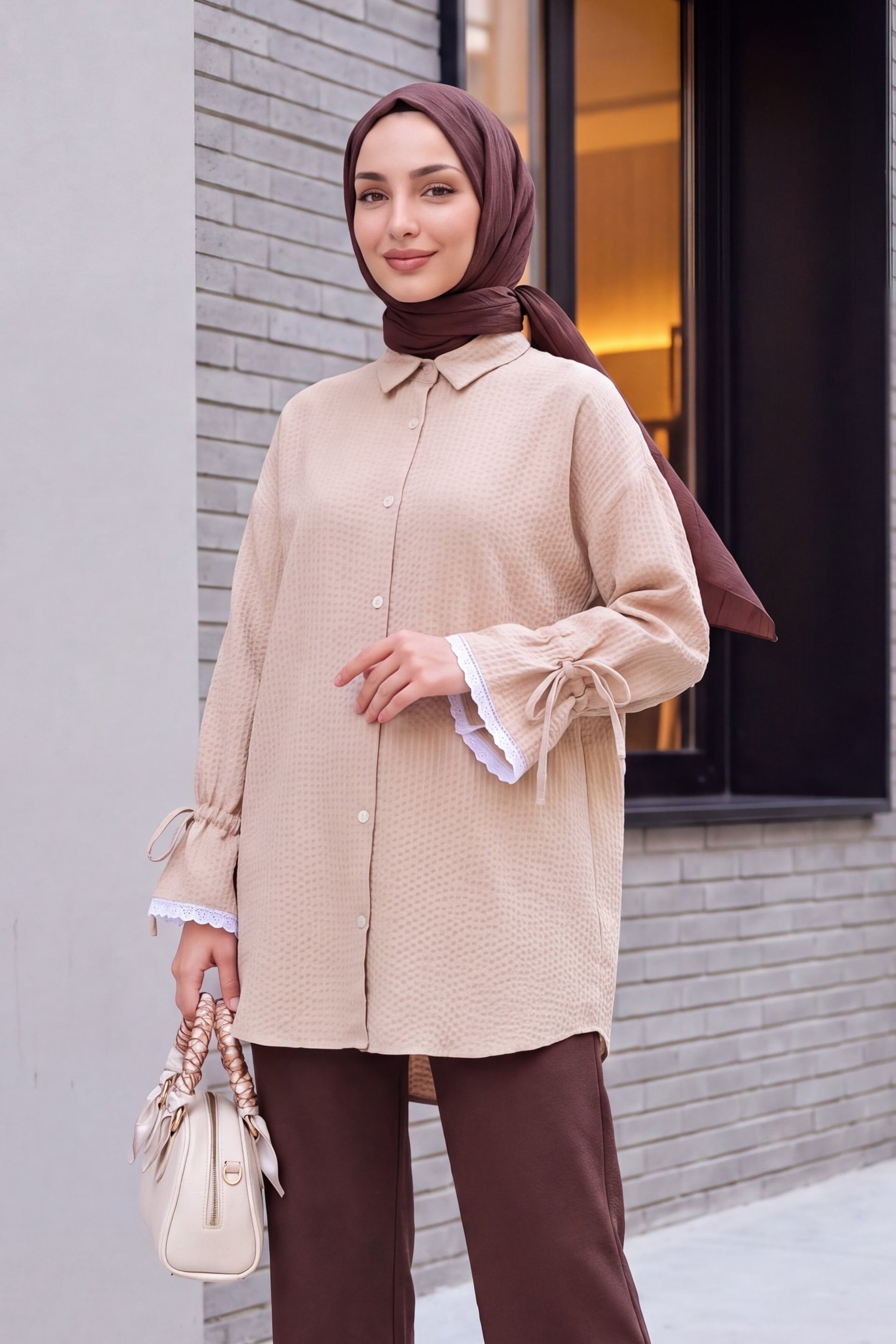 Women's Beige Ruffled Crinkle Blouse and Trousers Set with Tiered Lace Sleeves - Podyumplus - by Peralane