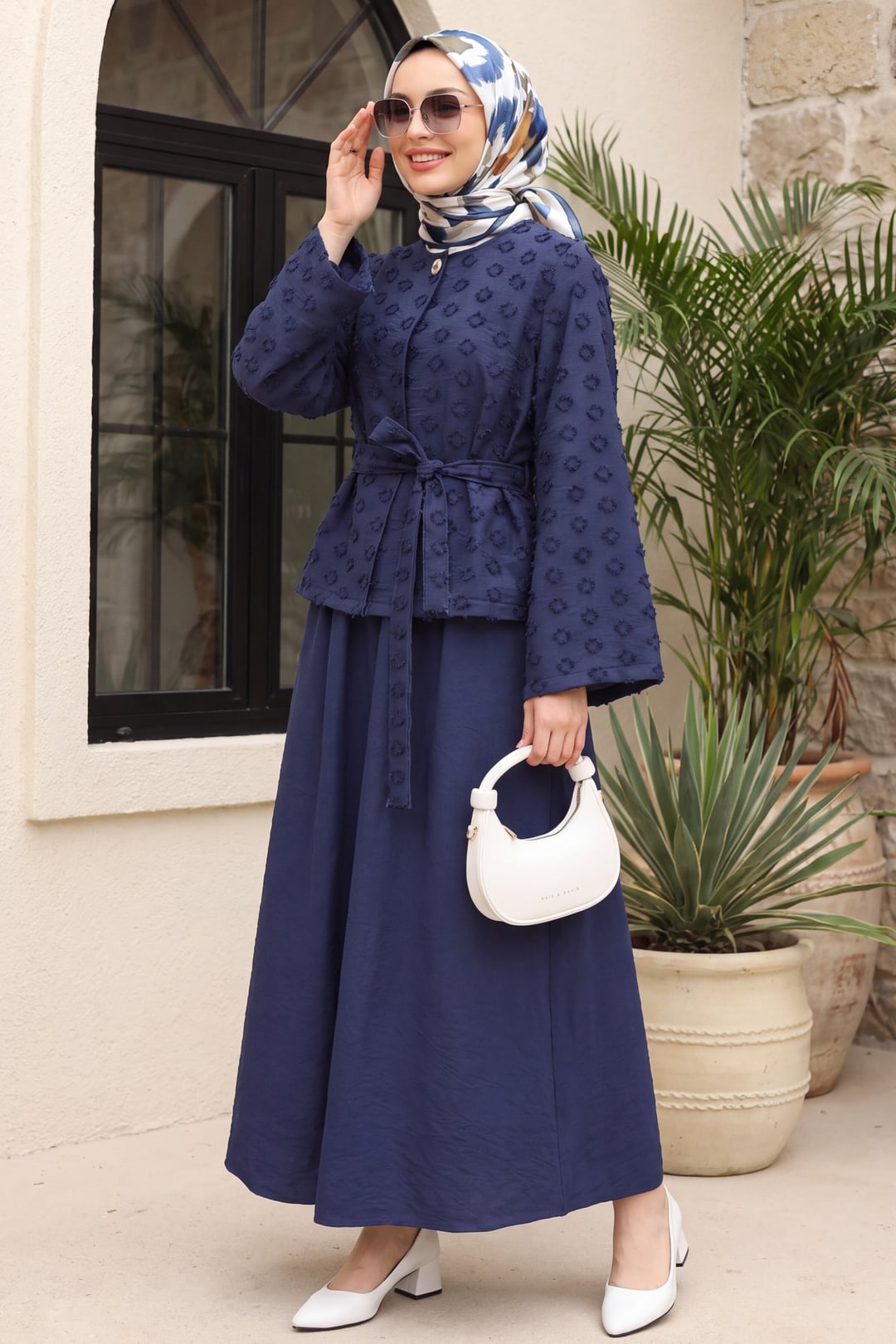 Single Button Belted Skirt Set with Pocket and Embossed Jacquard Pattern - Dark Navy - Podyumplus - by Peralane - photo 3