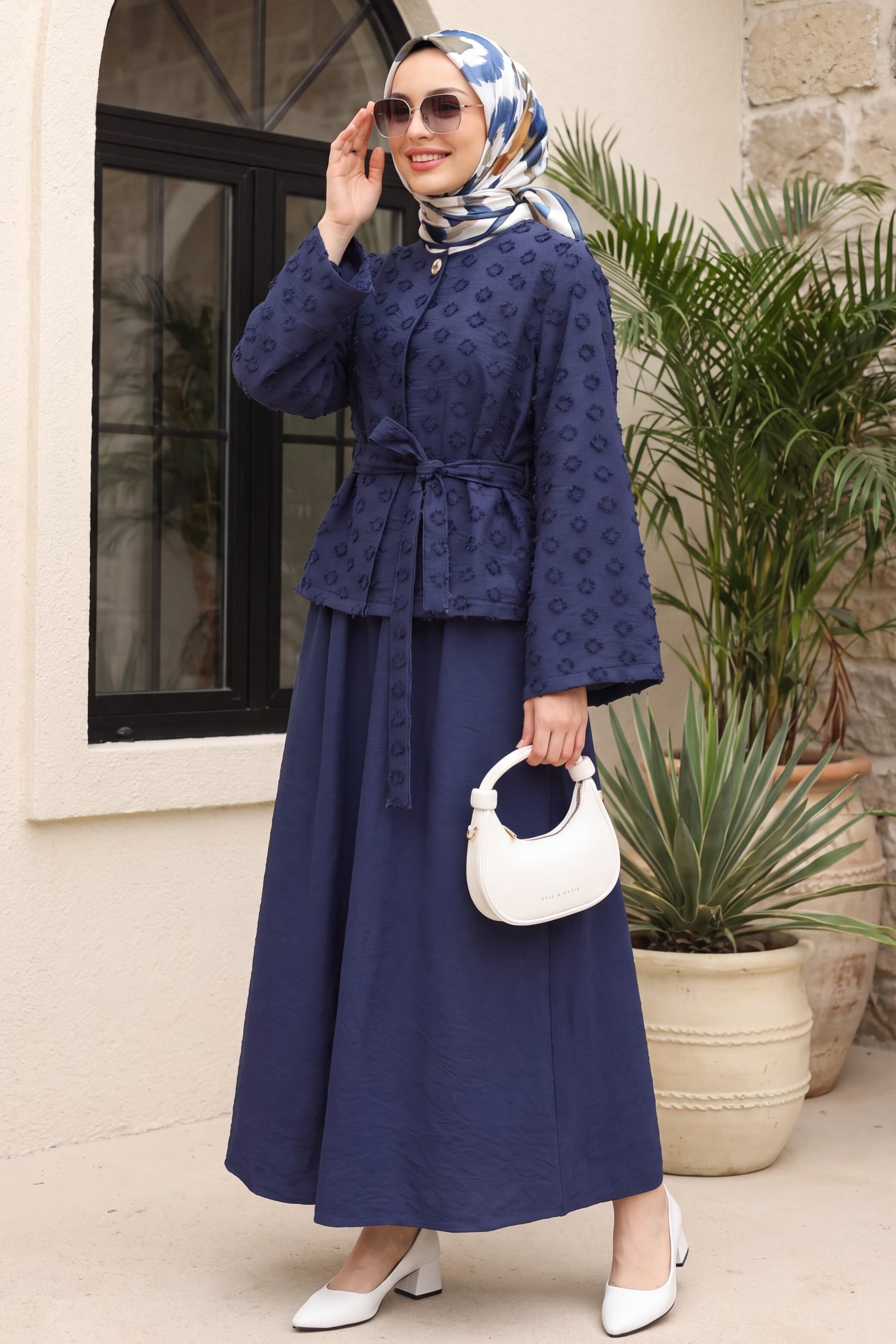 Single Button Belted Skirt Set with Pocket and Embossed Jacquard Pattern - Dark Navy - Podyumplus - by Peralane - photo 3