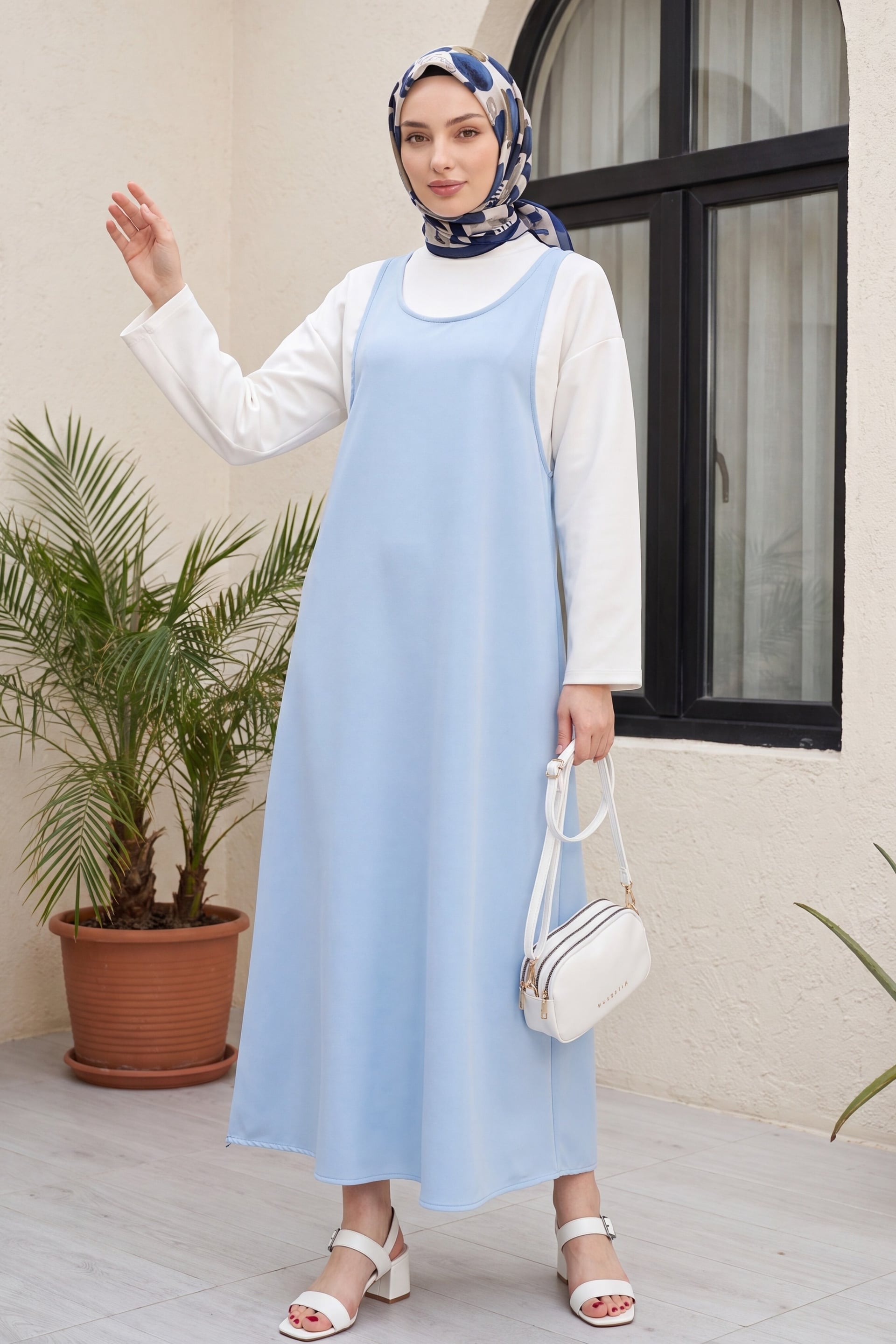 Double Crepe Jile Set with High Collar Long Sleeve Blouse - Baby Blue - Podyumplus - by Peralane - photo 6
