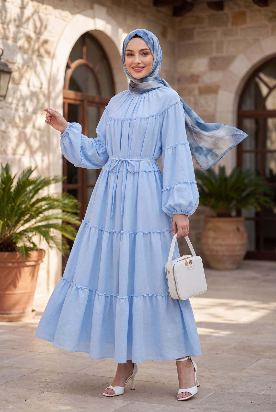 Light Blue Tiered Maxi Dress with Ruffled Details and Tie Belt - Podyumplus - by Peralane - photo 2