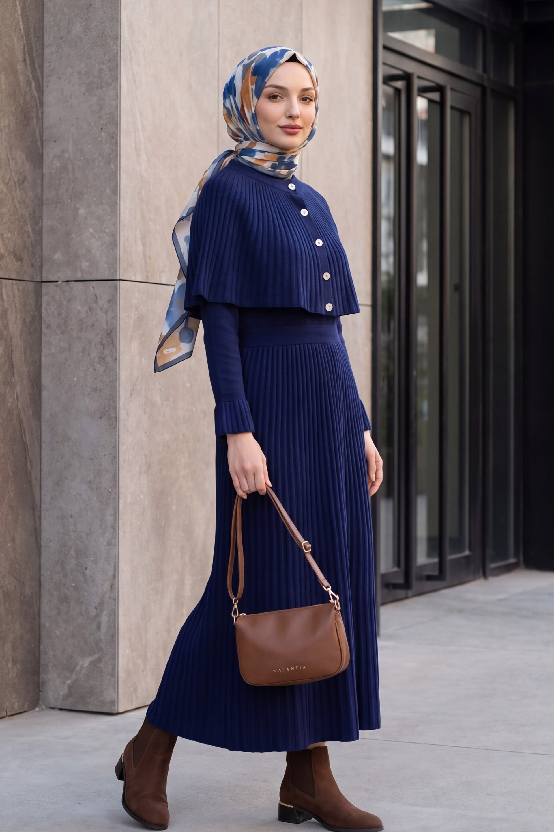 Navy Blue Pleated Cape Detail Long Knit Dress with Ribbed Skirt - Podyumplus - by Peralane - photo 4