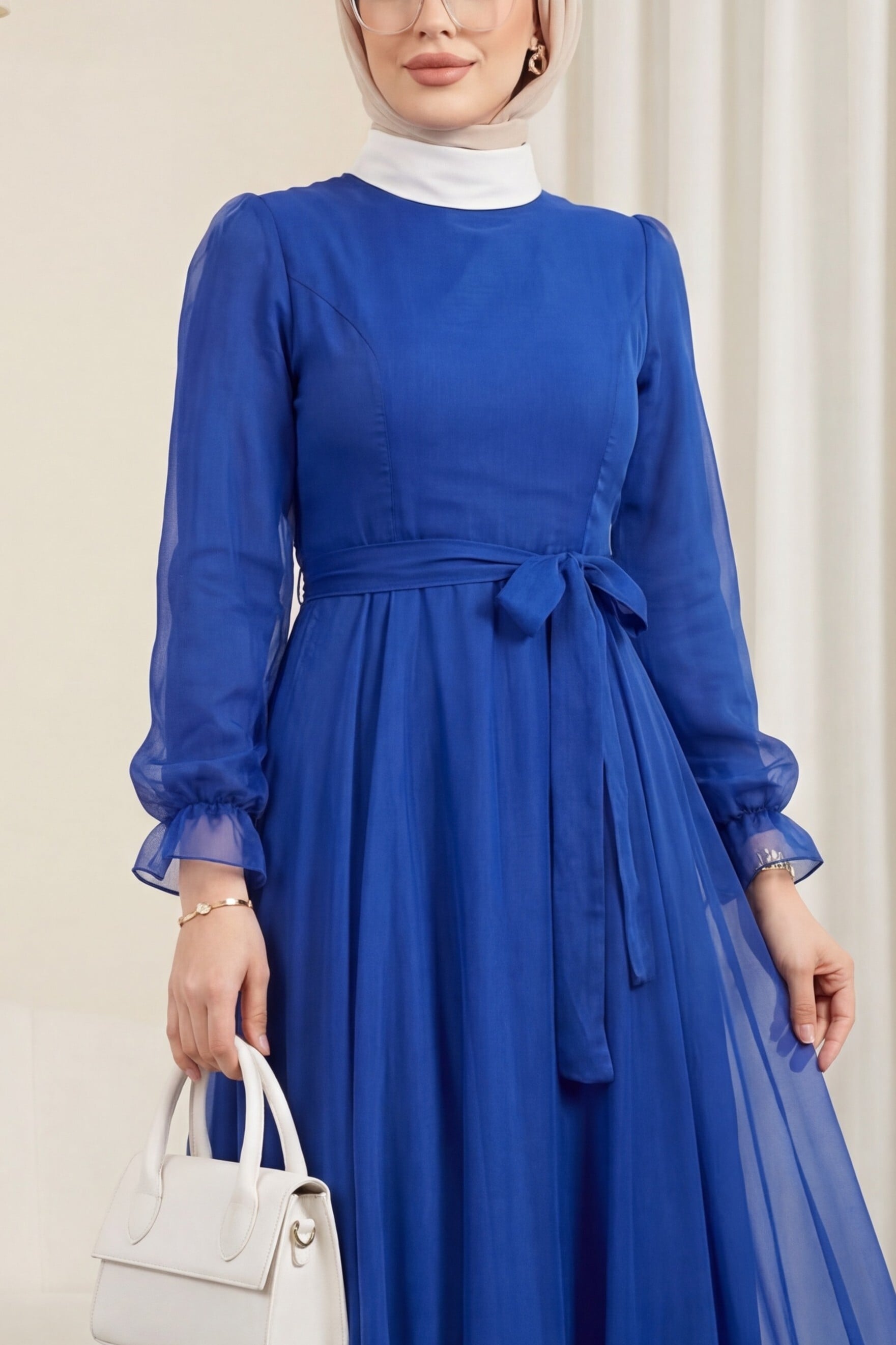 Belted Tulle Formal Dress with Flared Sleeves and Skirt - Saks - Podyumplus - by Peralane - photo 2