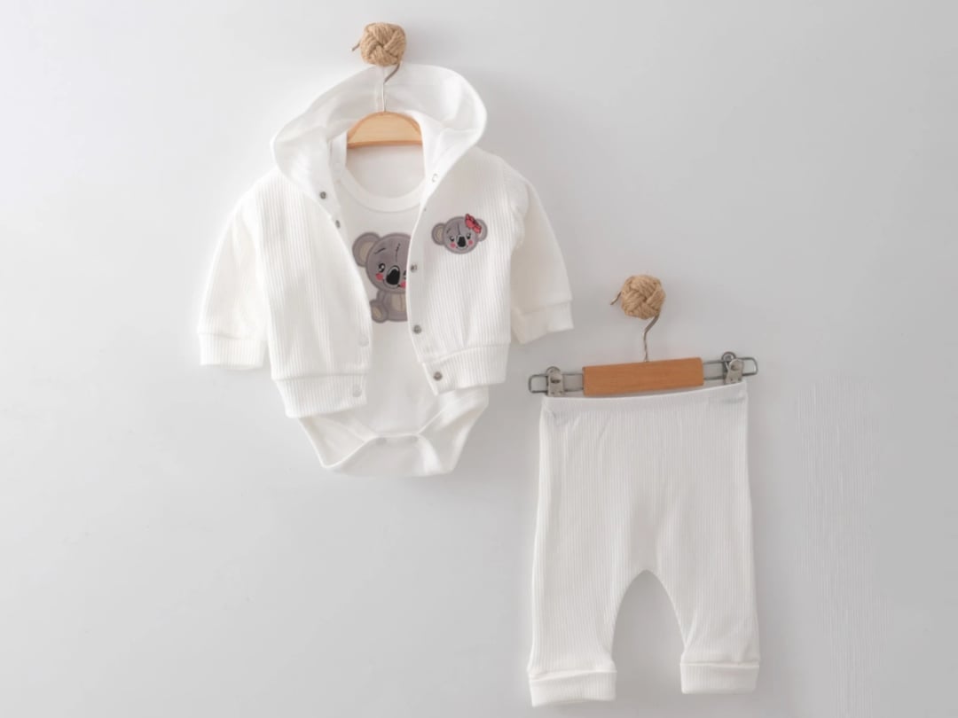 White Koala Print Baby Girl 3-Piece Set - Bodysuit, Hooded Jacket, Pants - Nayinom - by Peralane