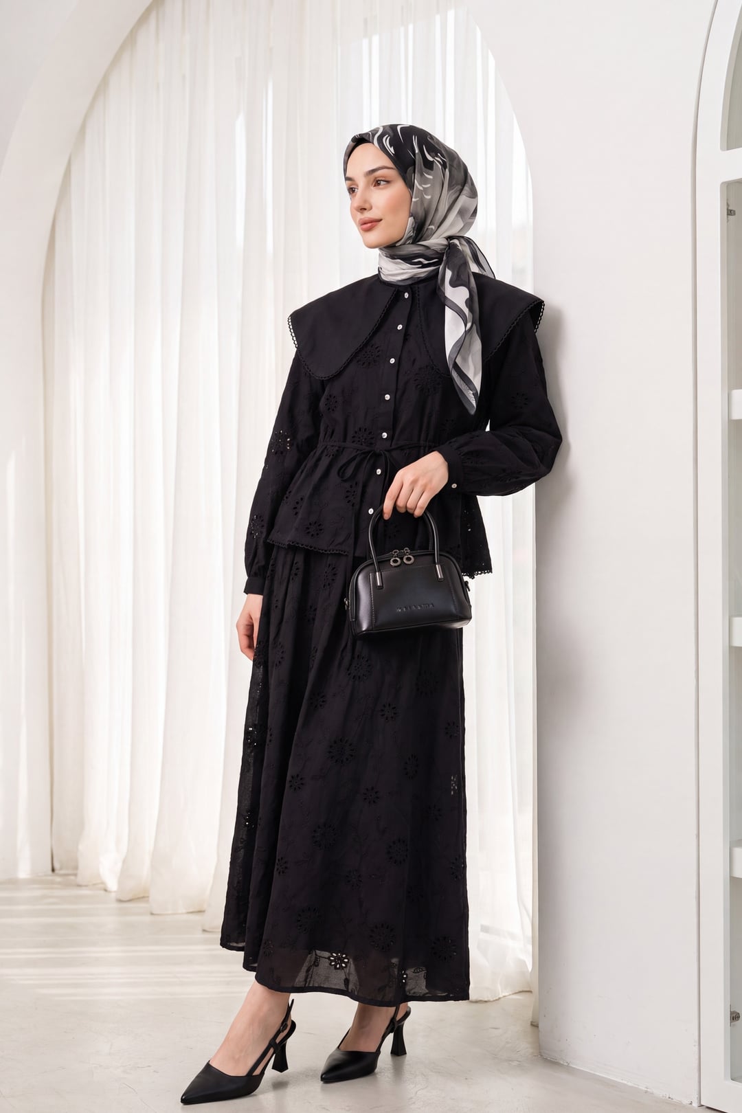 Bebe Collar Embroidered Linen Look Two Piece Set - Black - Podyumplus - by Peralane - photo 3