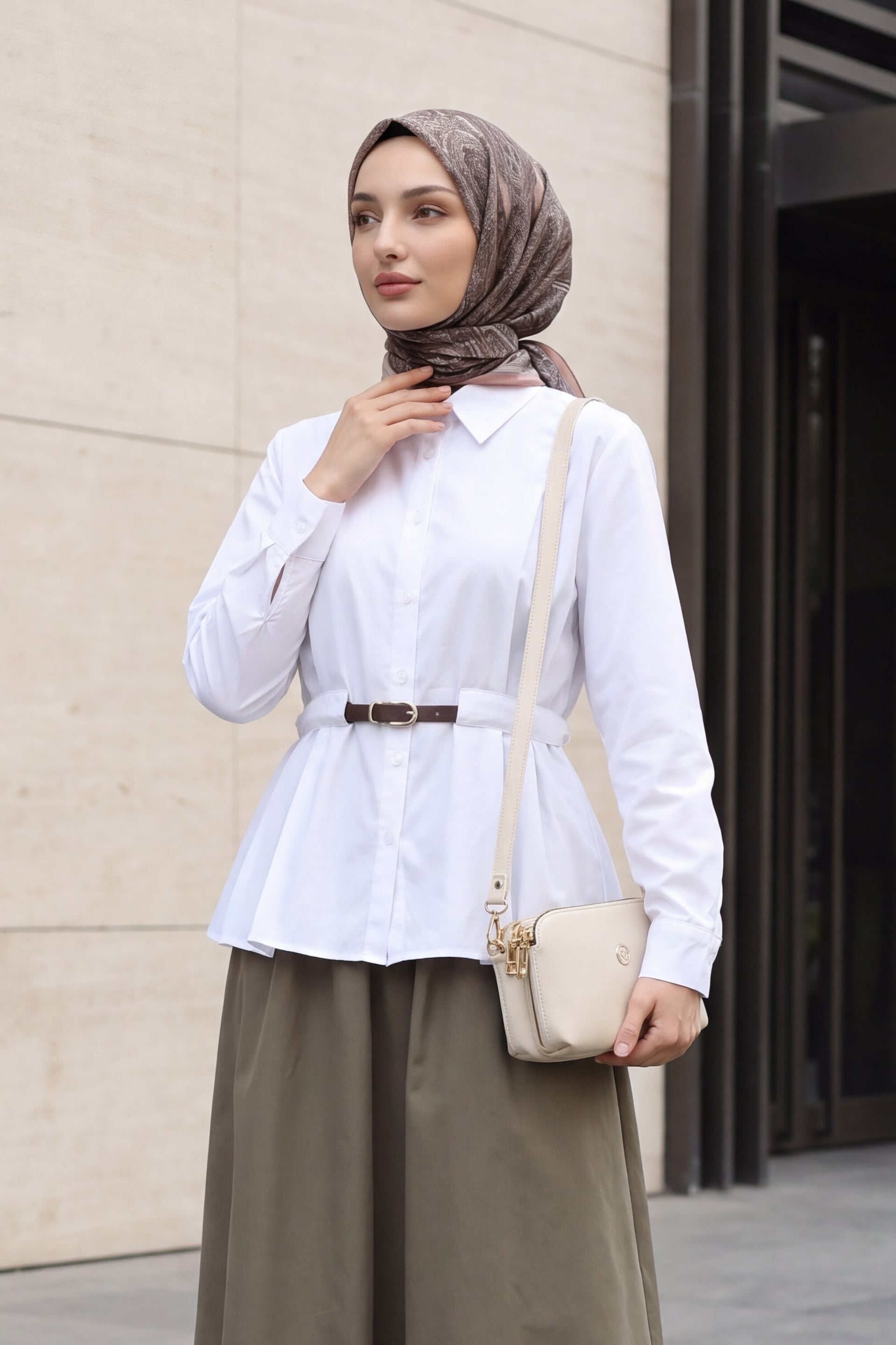 White Belted Pleated Long-Sleeve Blouse - Podyumplus - by Peralane