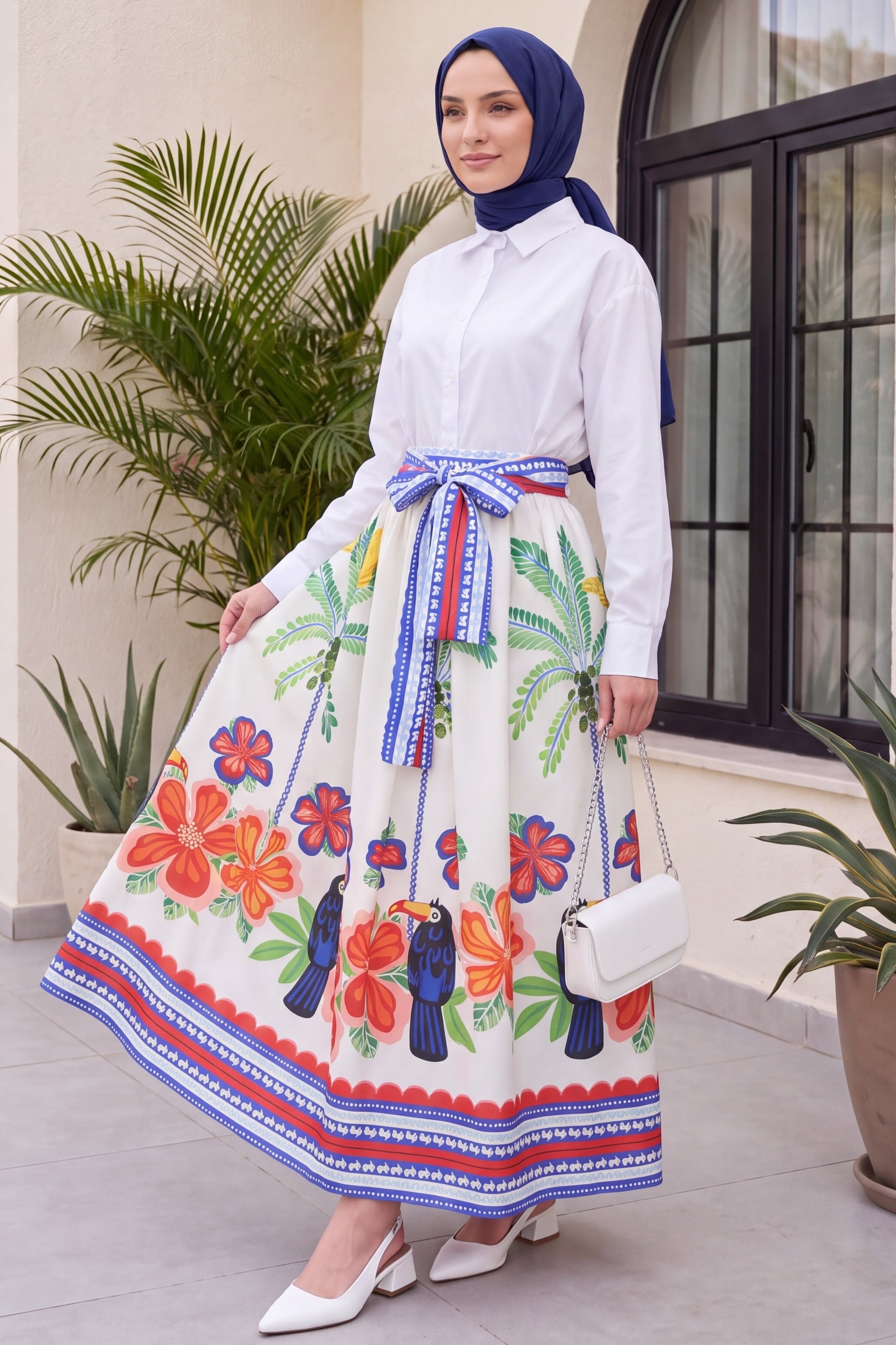 Belted Elasticated Waist Tropical Print Skirt - Ecru - Podyumplus - by Peralane - photo 3
