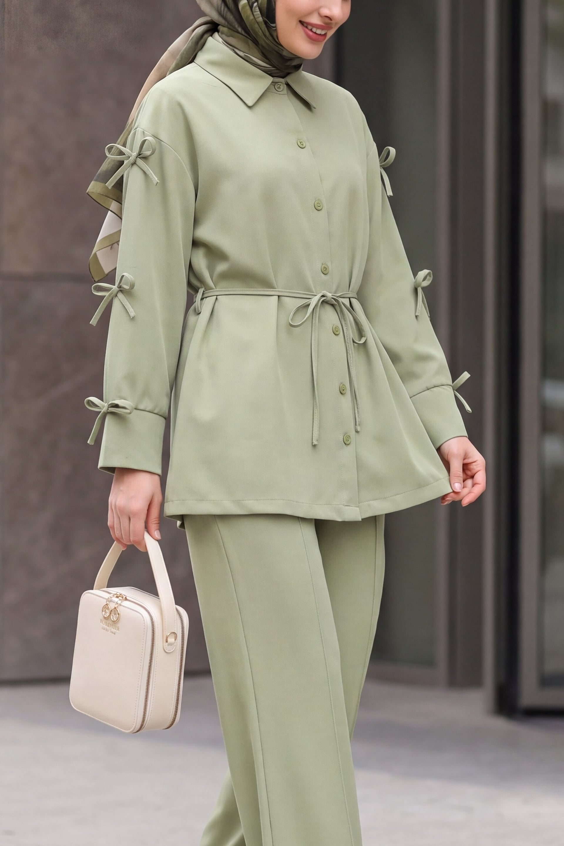 Bow Detail Imported Crepe Shirt and Trousers Set - Pale Green - Podyumplus - by Peralane