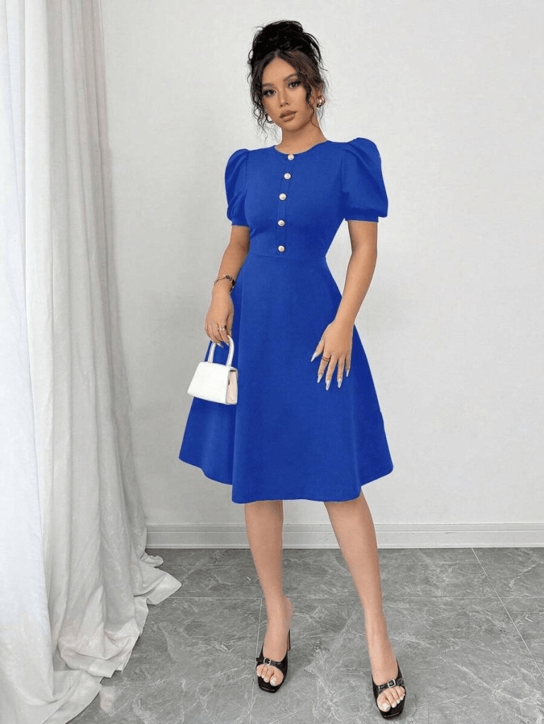 Women's Royal Blue Crepe Dress with Short Puff Sleeves and Front Buttons - Janes - by Peralane - photo 4