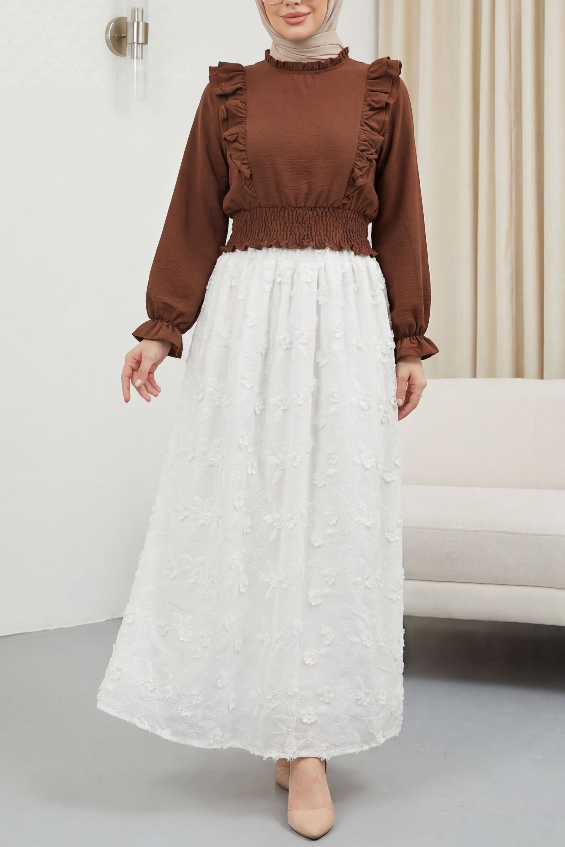 Elasticated Waist Flounced Lined Linen Look Skirt - Ecru - Podyumplus - by Peralane - photo 3